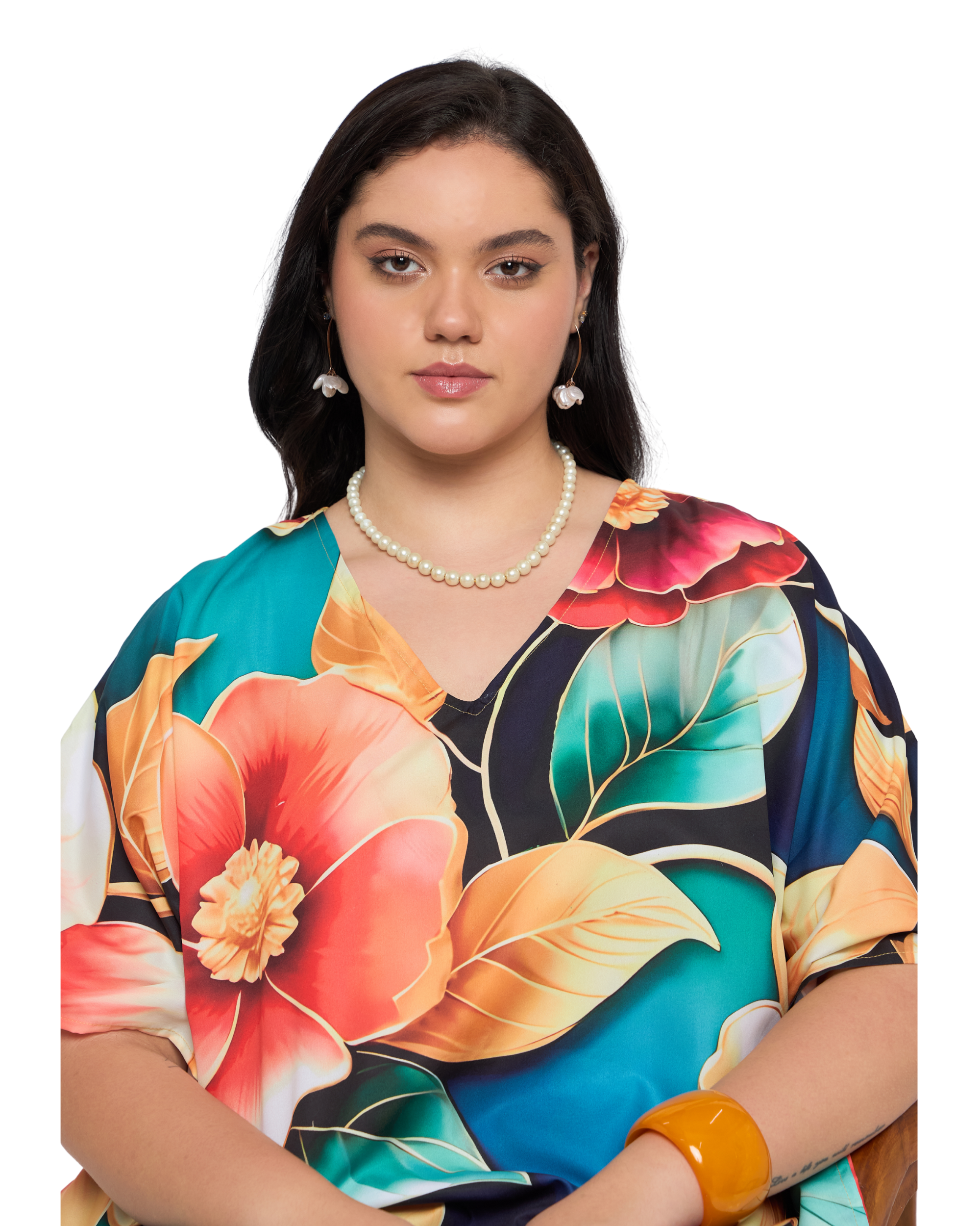 Navy Blue Floral Polyester Women Plus Size Kaftan Night Dress