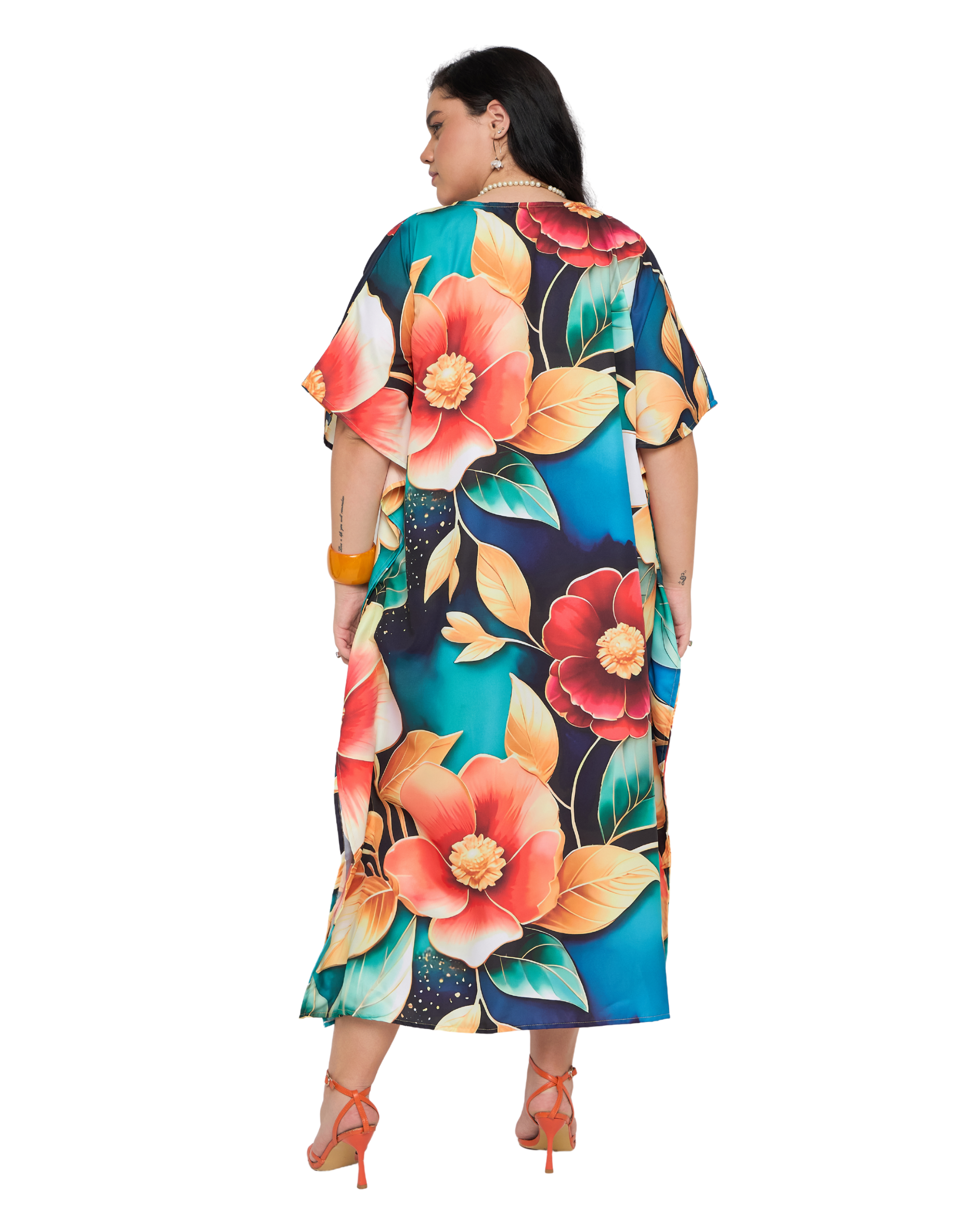 Navy Blue Floral Polyester Women Plus Size Kaftan Night Dress