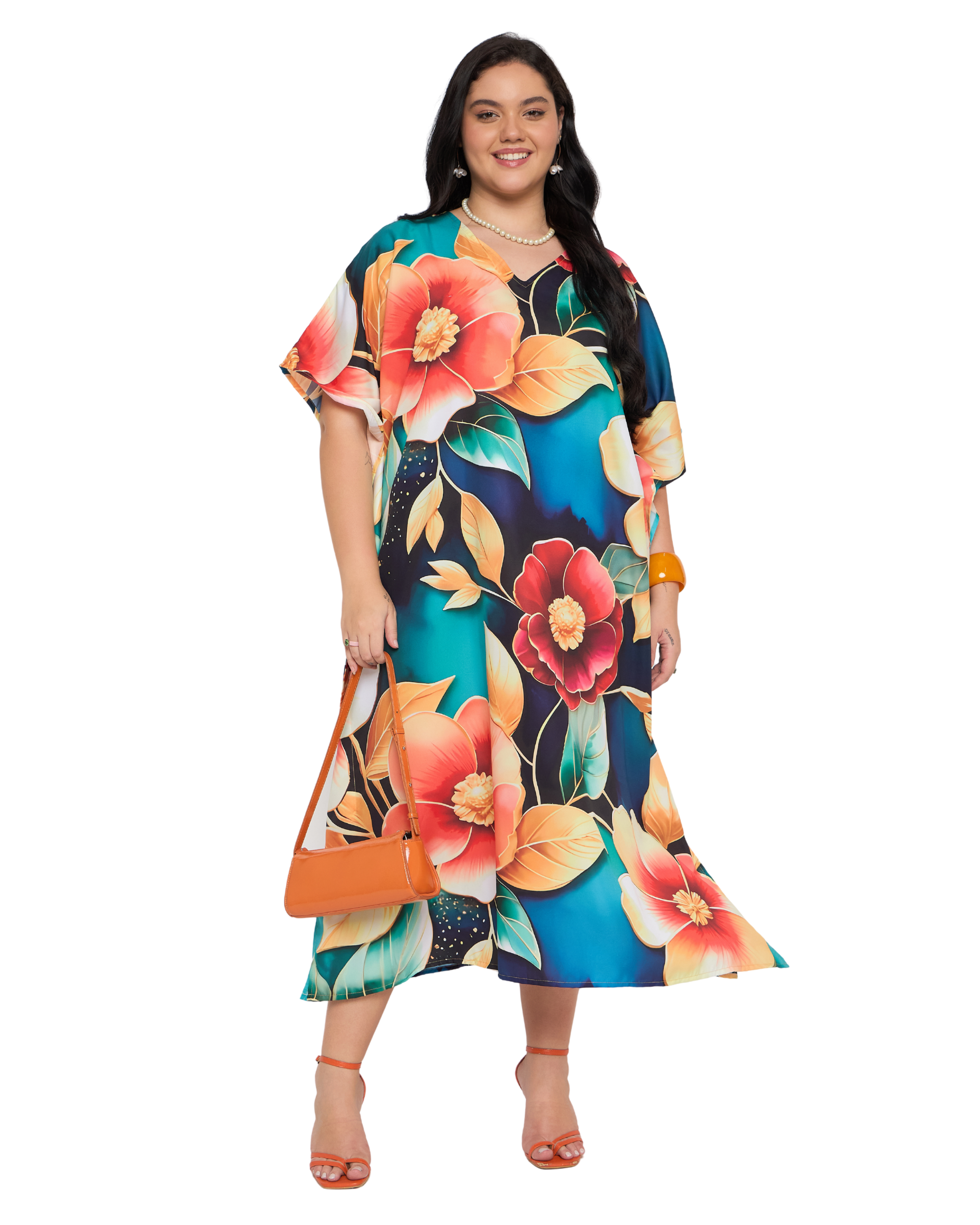 Navy Blue Floral Polyester Women Plus Size Kaftan Night Dress