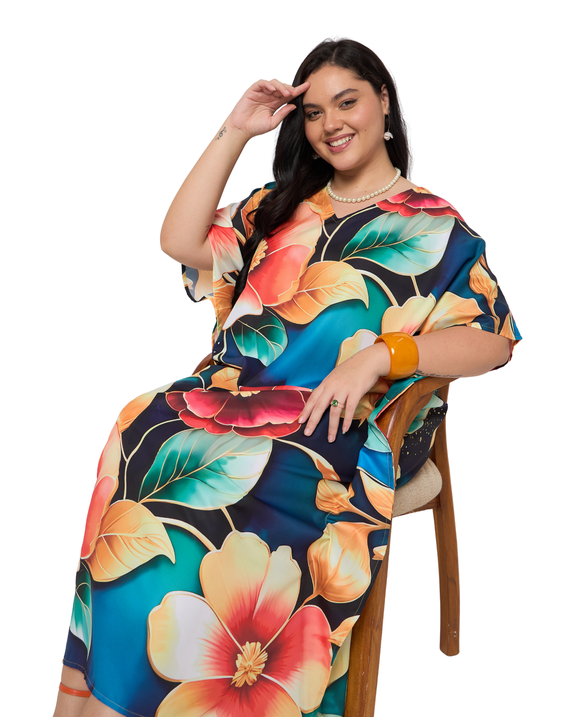 Navy Blue Floral Polyester Women Plus Size Kaftan Night Dress