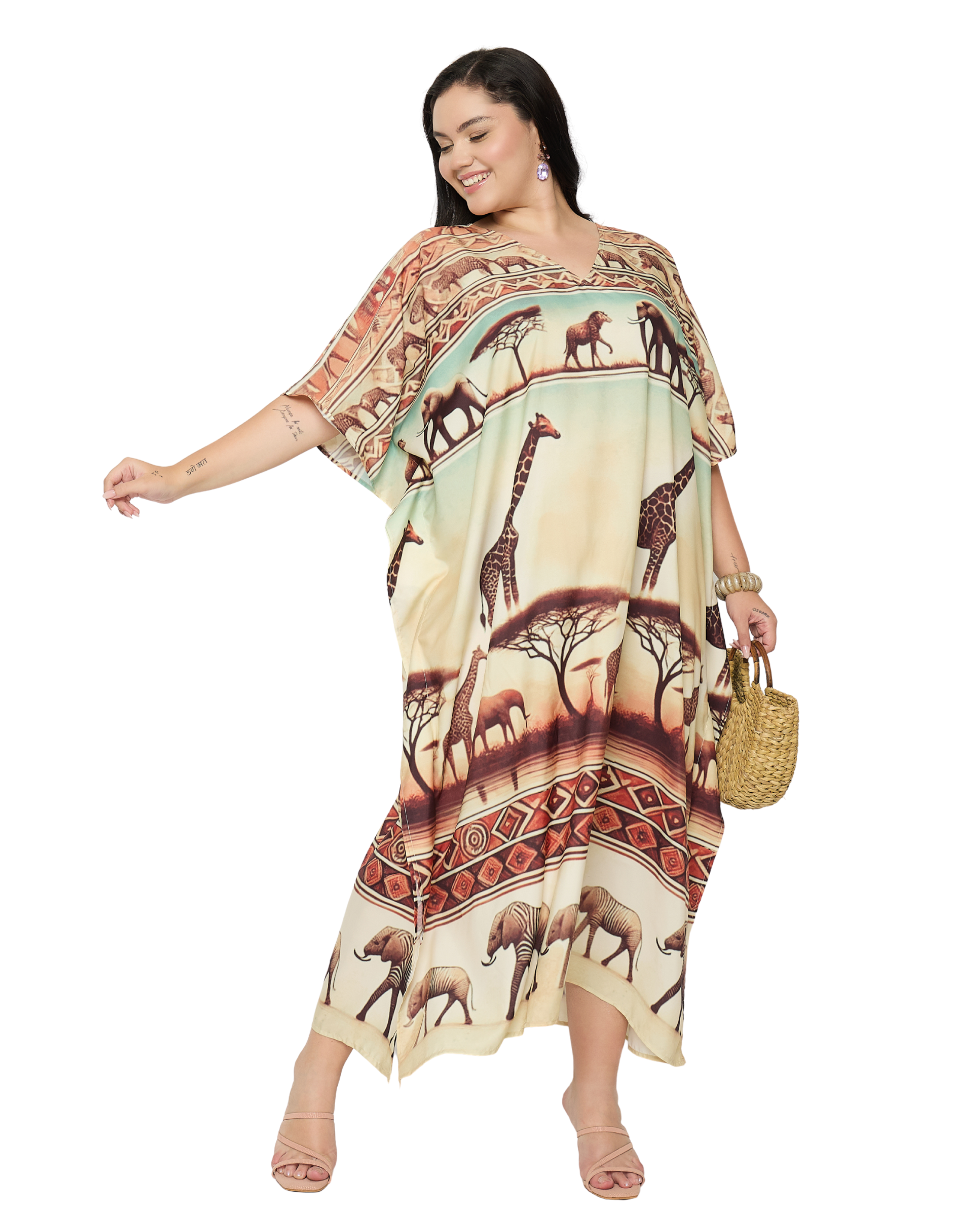Animal Print Soft Beige Polyester Women Plus Size Kaftan Dress