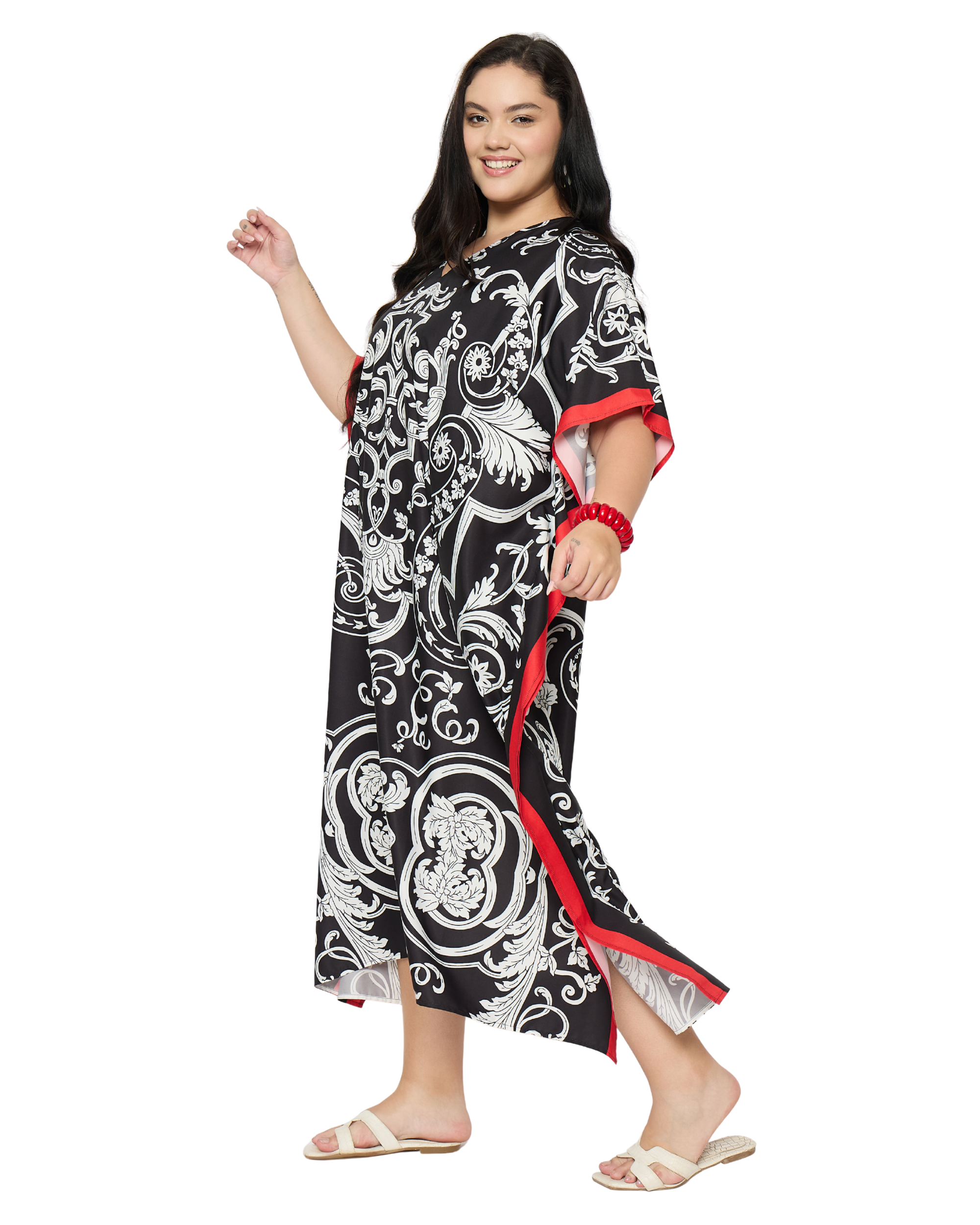 Black Baroque Print Polyester Women Plus Size Kaftan