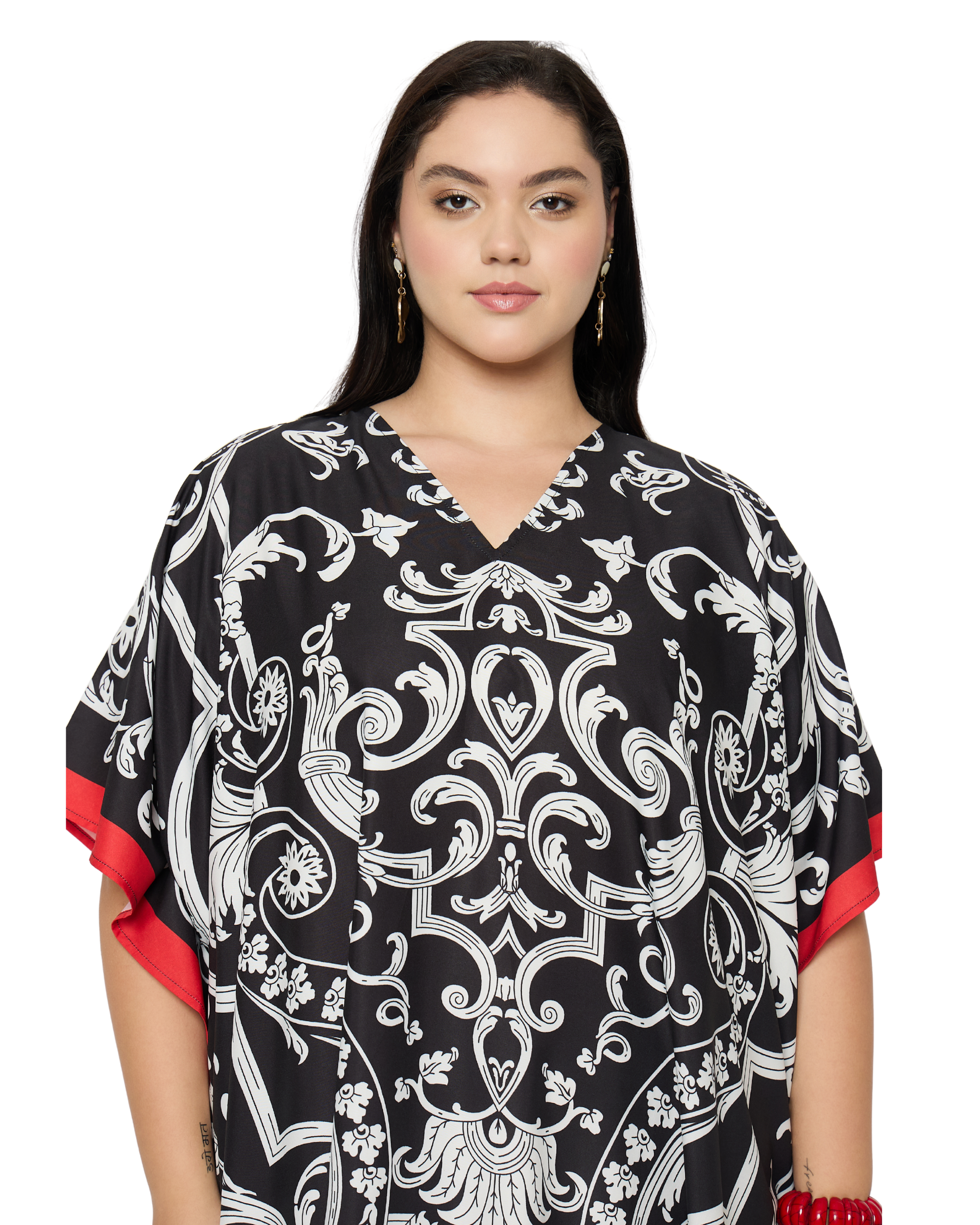 Black Baroque Print Polyester Women Plus Size Kaftan