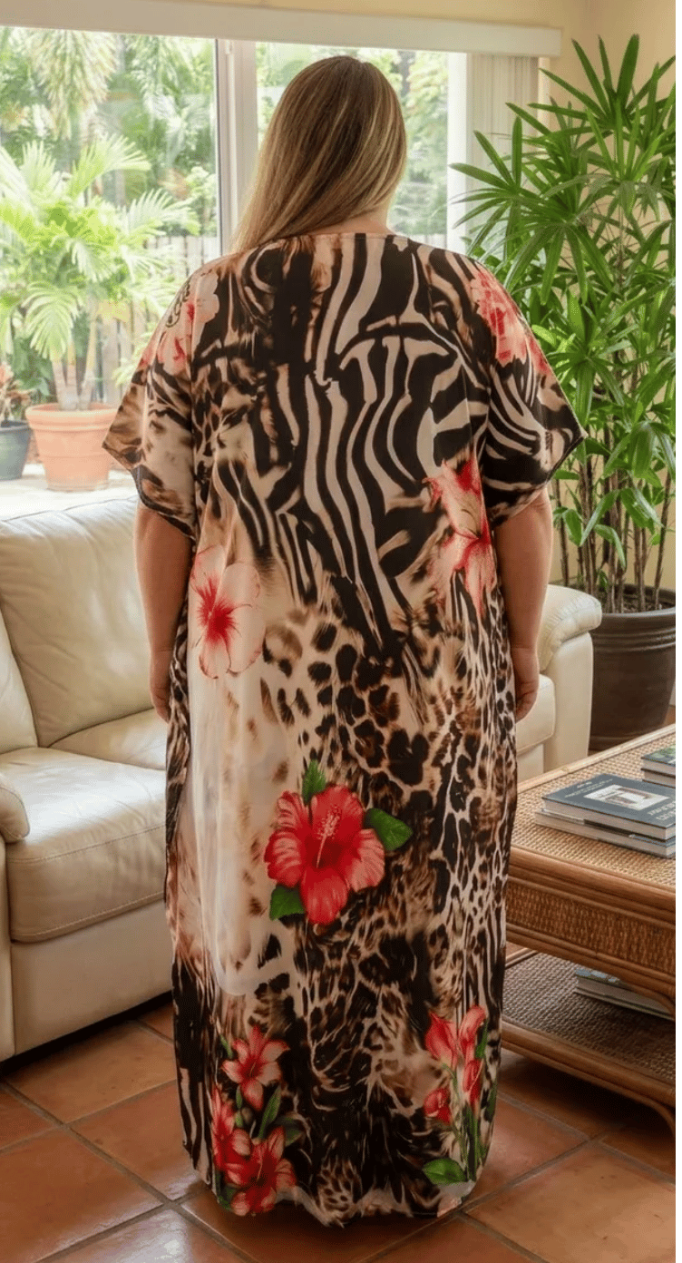 GypsieBlu Beige Polyester Plus Size Kaftan for Women Kimono Sleeve 1X-3X - Zebra Leopard Hibiscus Floral Print