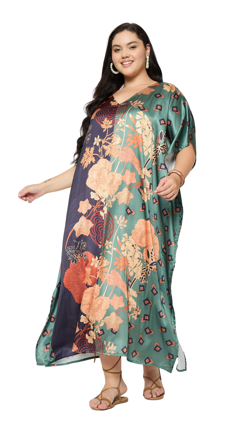 Emerald green satin plus size kaftan dress with large coral floral panel print and kimono sleeves