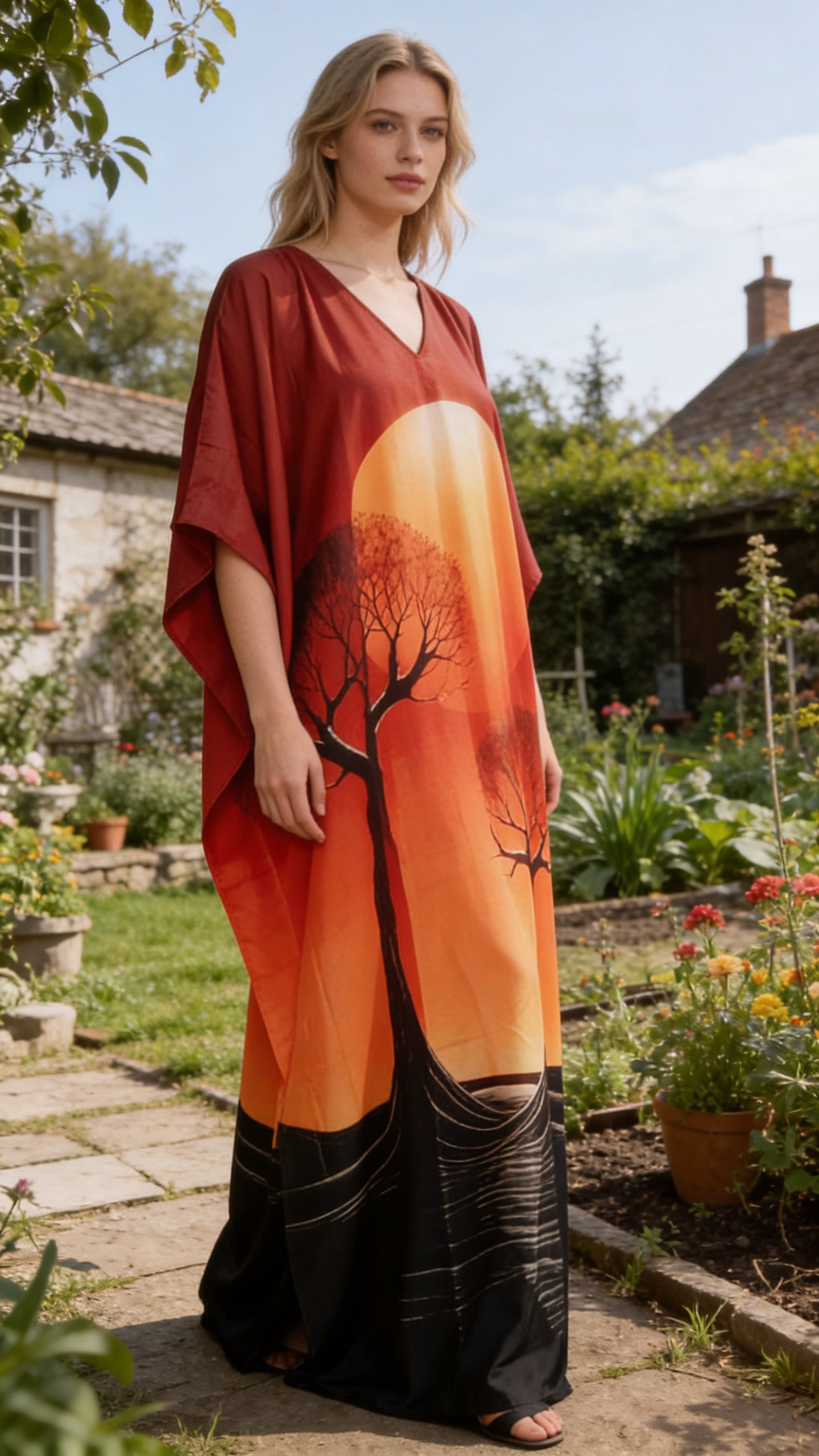 Deep Red Landscape Polyester Women Plus Size Kaftan Evening Dress