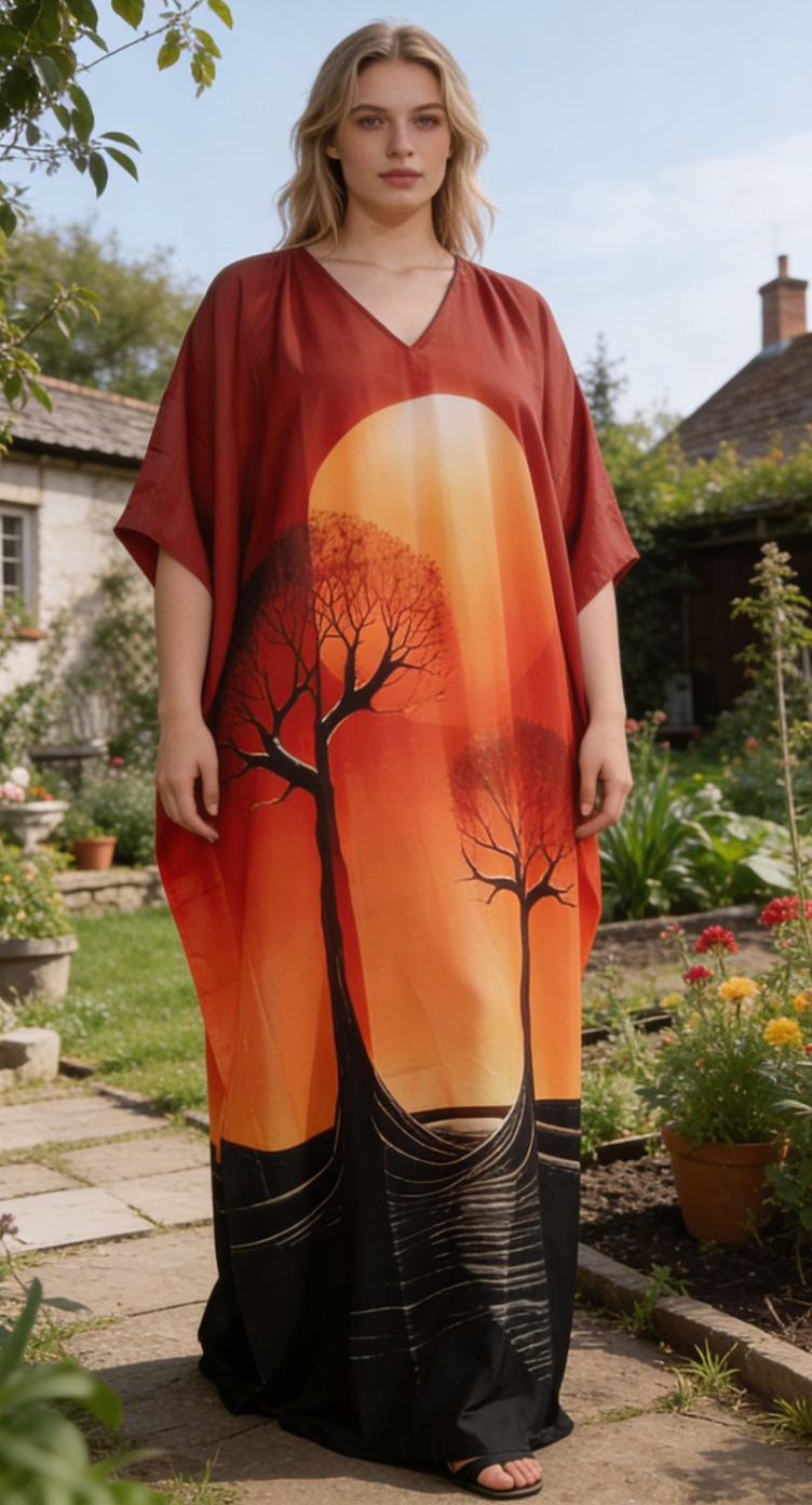 Deep Red Landscape Polyester Women Plus Size Kaftan Evening Dress
