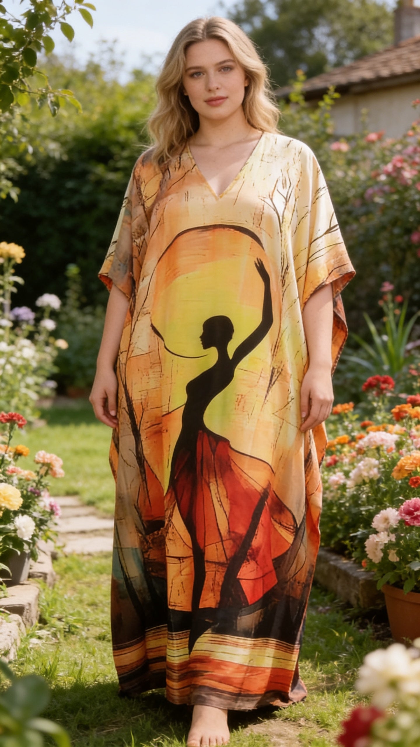 Yellow Lady Print Polyester Women Plus Size Kaftan Vacation Dress