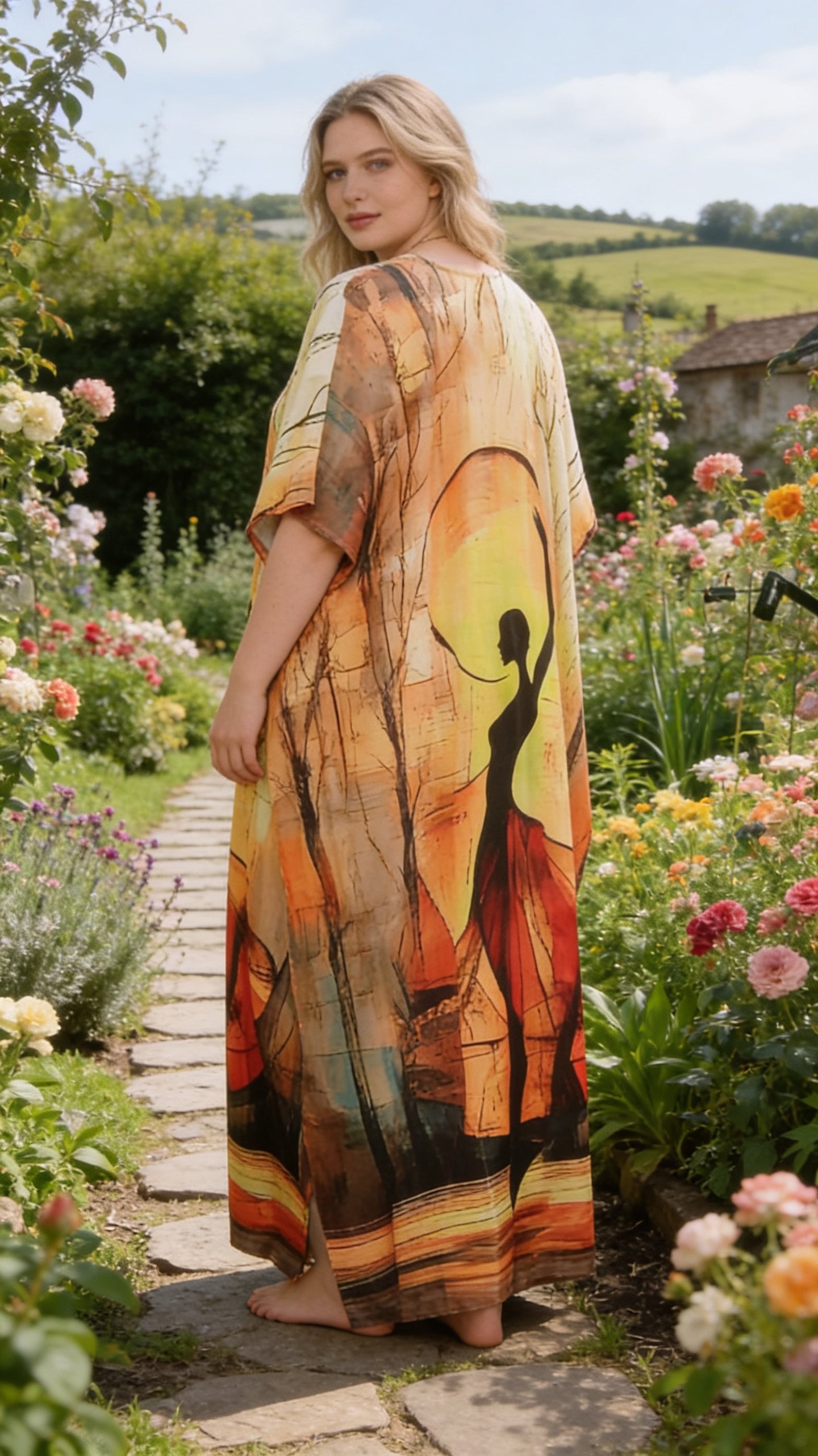 Yellow Lady Print Polyester Women Plus Size Kaftan Vacation Dress