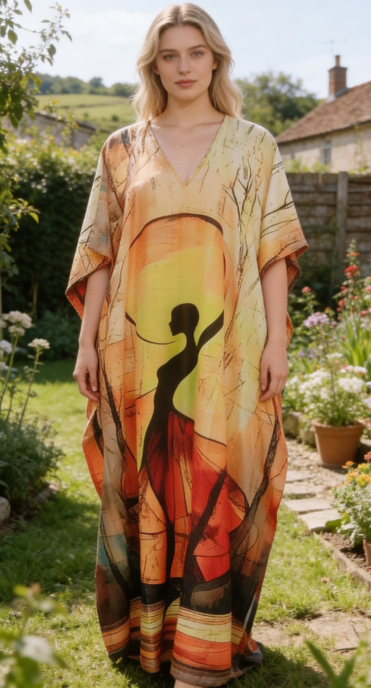 Yellow Lady Print Polyester Women Plus Size Kaftan Vacation Dress