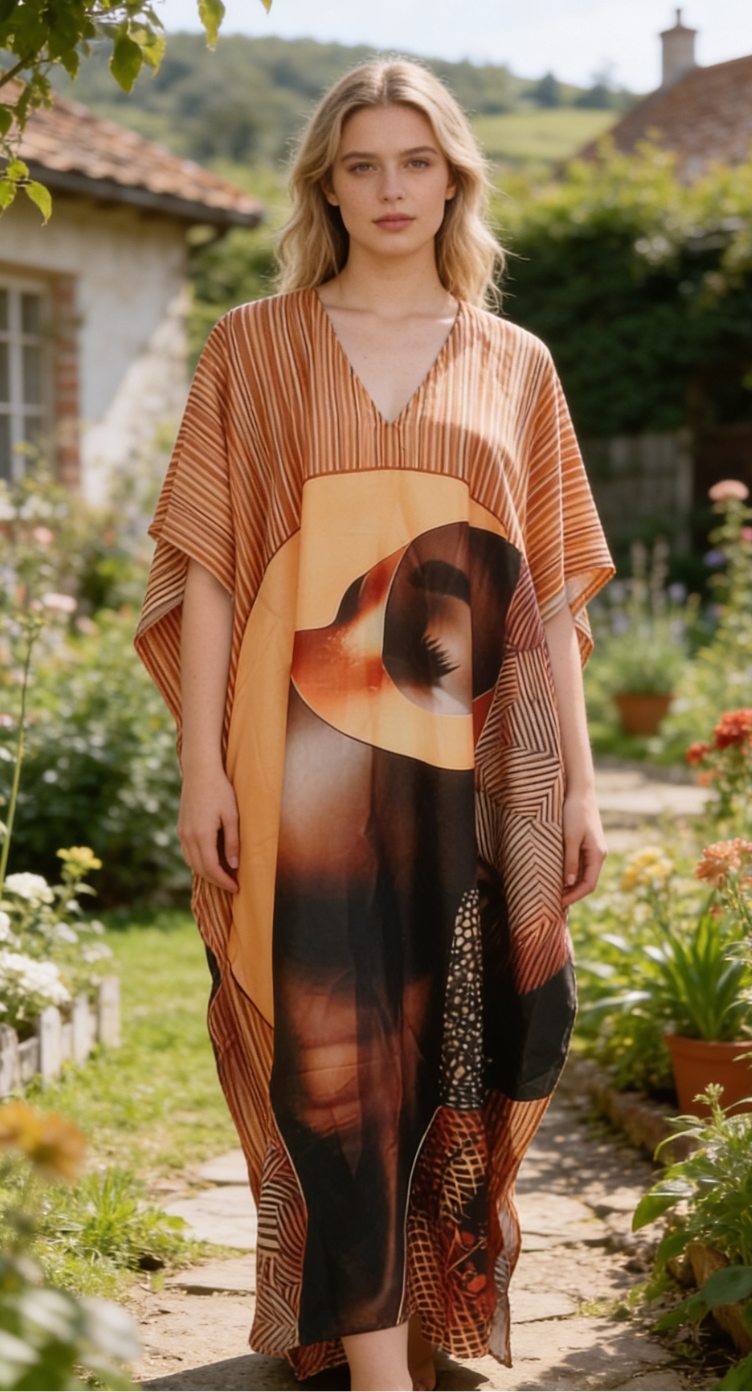 Warm Orange Lady Face Polyester Women Plus Size Kaftan Poolside Dress
