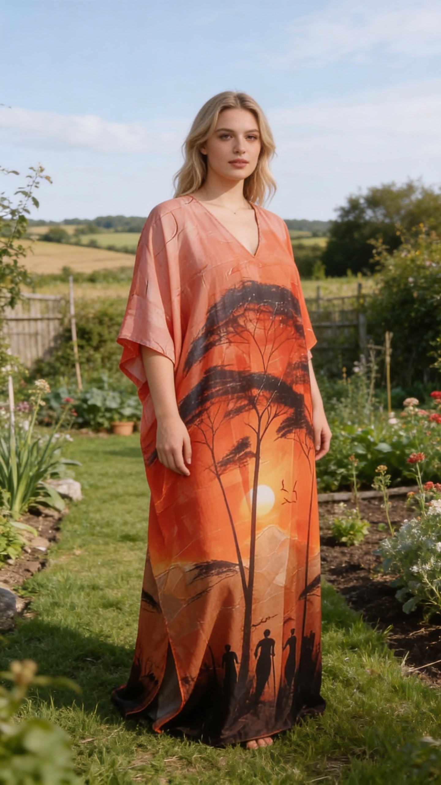 Orange Wildlife Polyester Women Plus Size Kaftan Tropical Dress