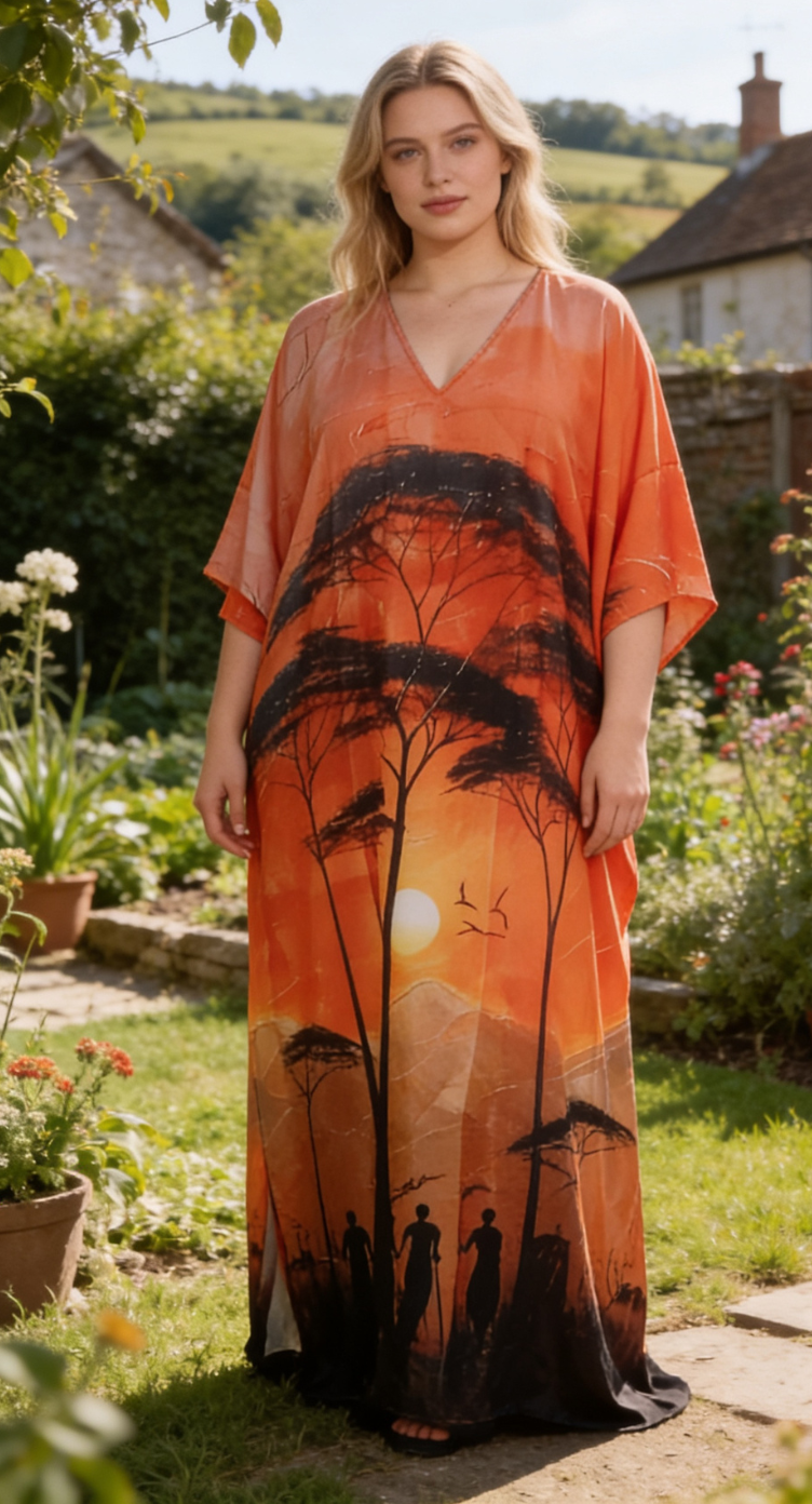 Orange Wildlife Polyester Women Plus Size Kaftan Tropical Dress