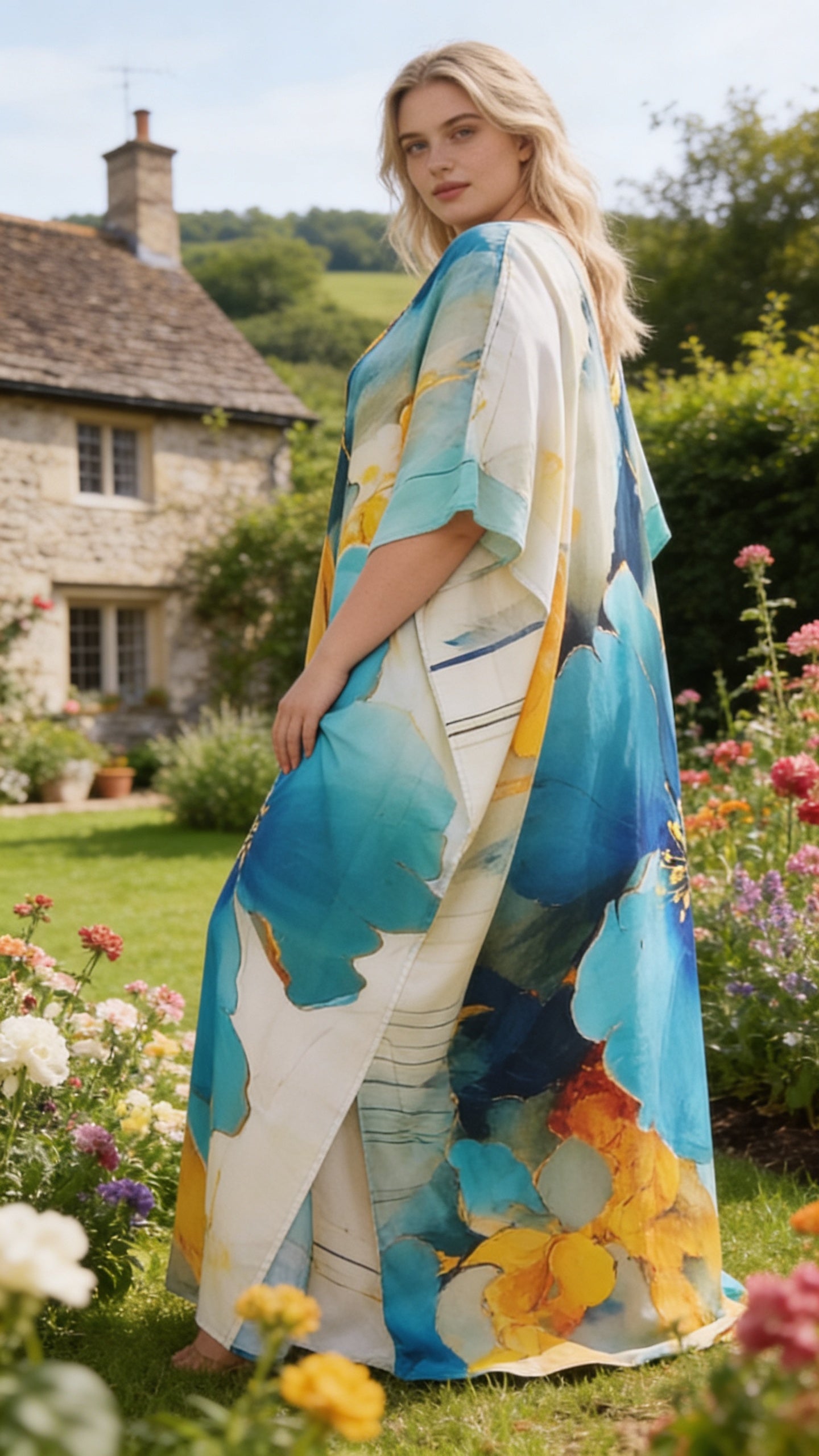 Royal Blue Floral Polyester Women Plus Size Kaftan Resort Dress