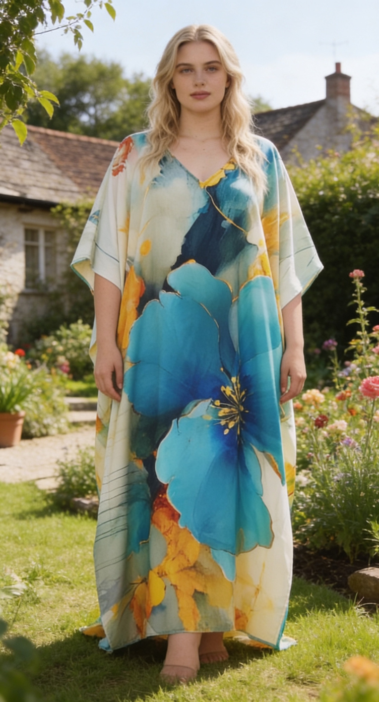 Royal Blue Floral Polyester Women Plus Size Kaftan Resort Dress