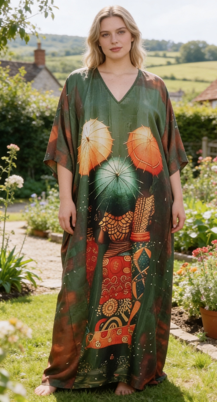 Olive Tribal Polyester Women Plus Size Kaftan Lounge Dress