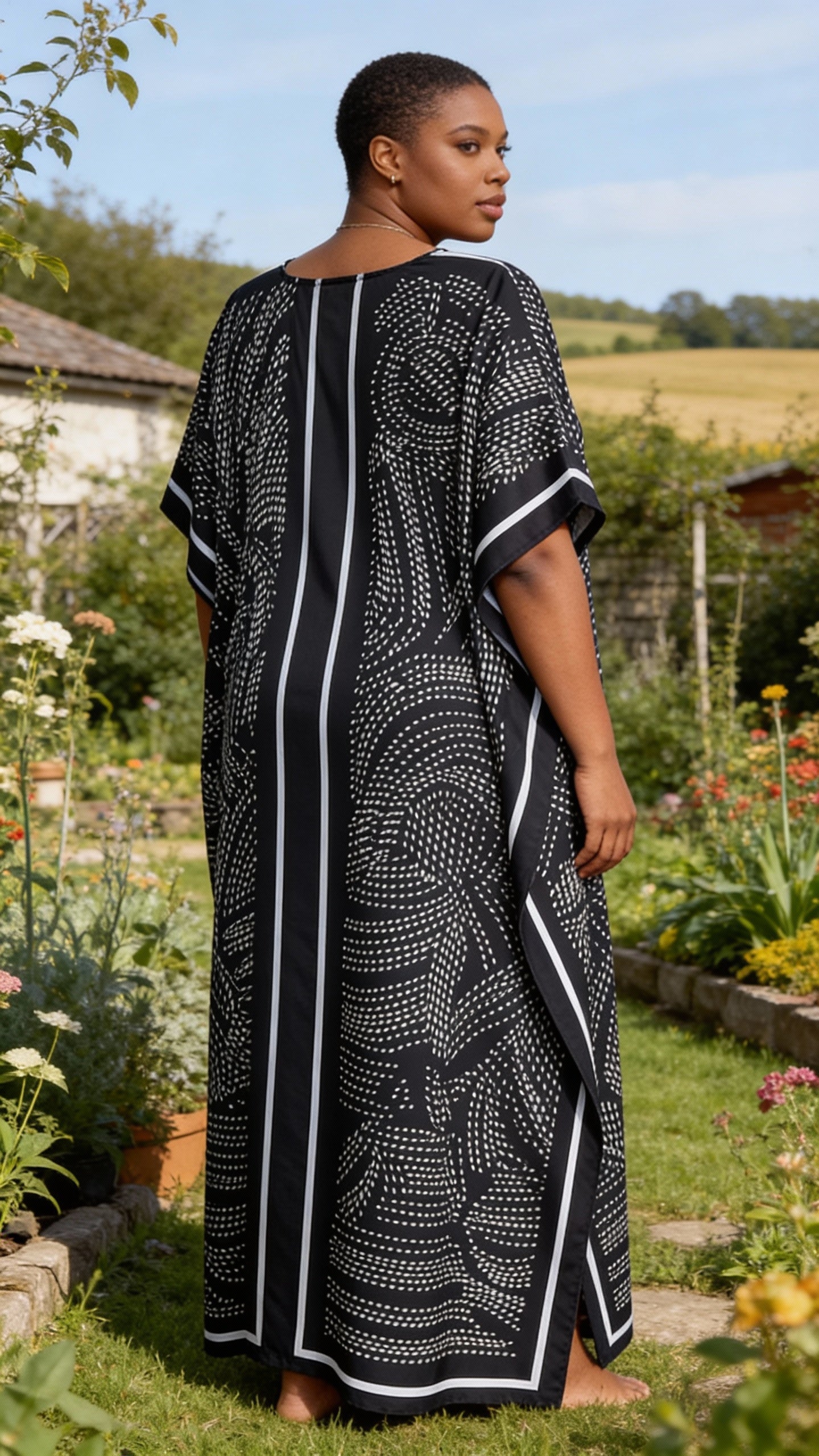 Black Striped Polyester Women Plus Size Kaftan Stylish Dress