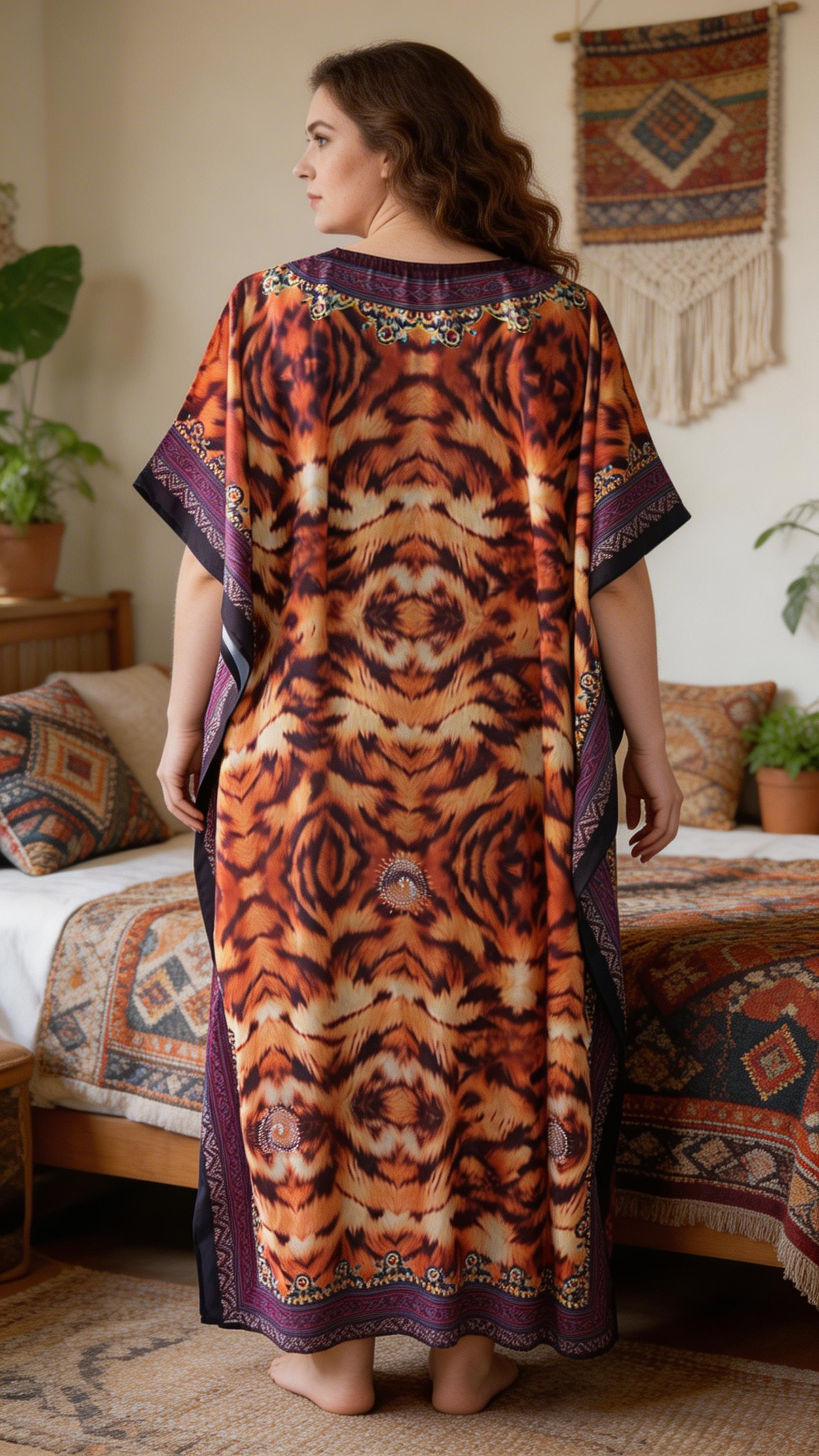 Orange Abstract Polyester Women Plus Size Kaftan Vacation Dress