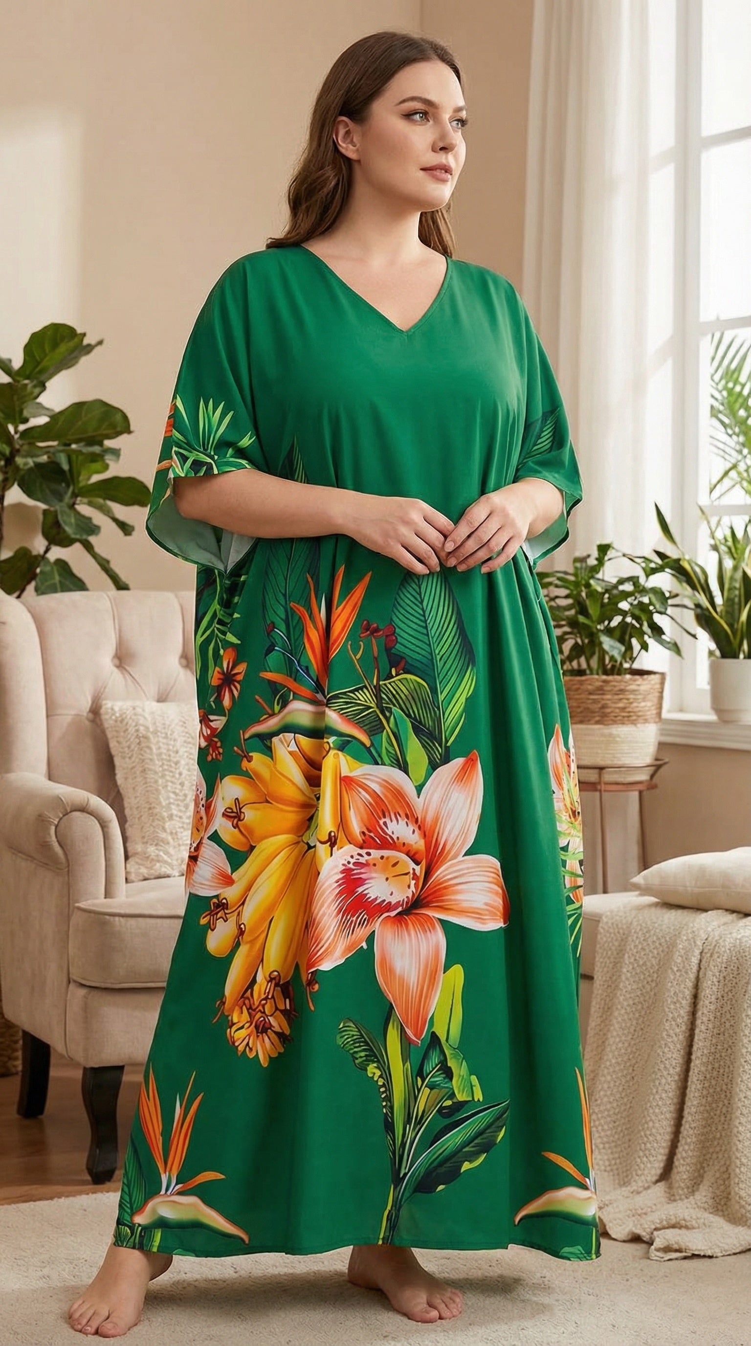 Green Floral Polyester Women Plus Size Kaftan Coverup Dress