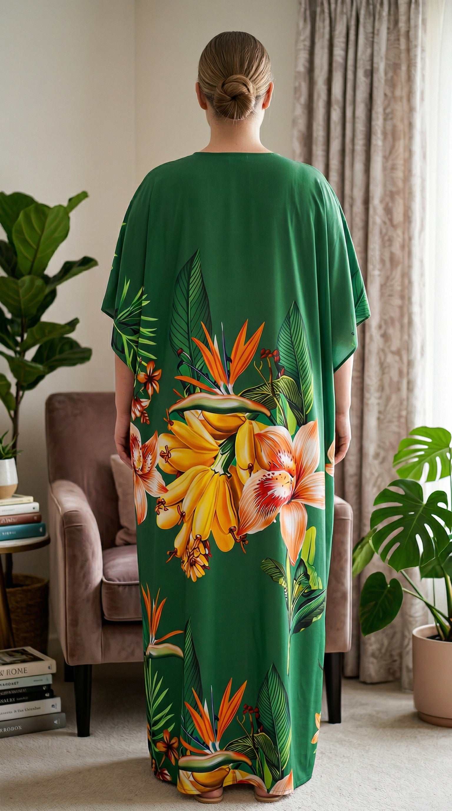 Green Floral Polyester Women Plus Size Kaftan Coverup Dress