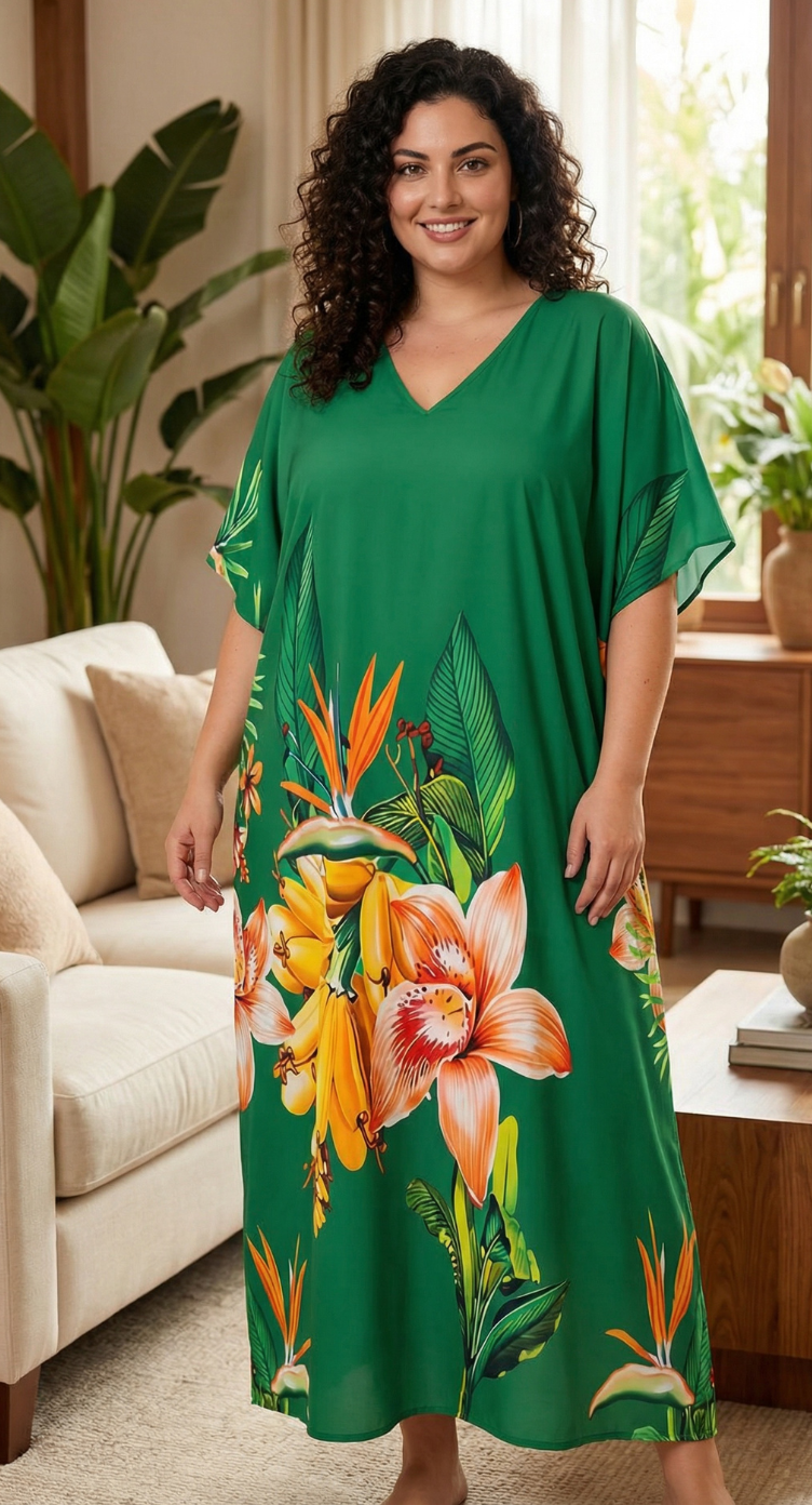 Green Floral Polyester Women Plus Size Kaftan Coverup Dress