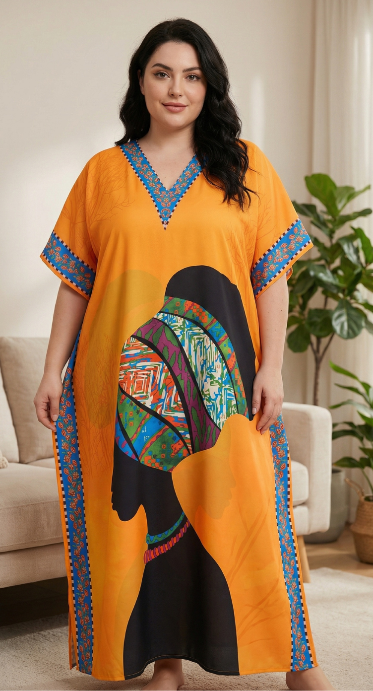 Orange Lady Tribal Polyester Women Plus Size Kaftan Travel Dress