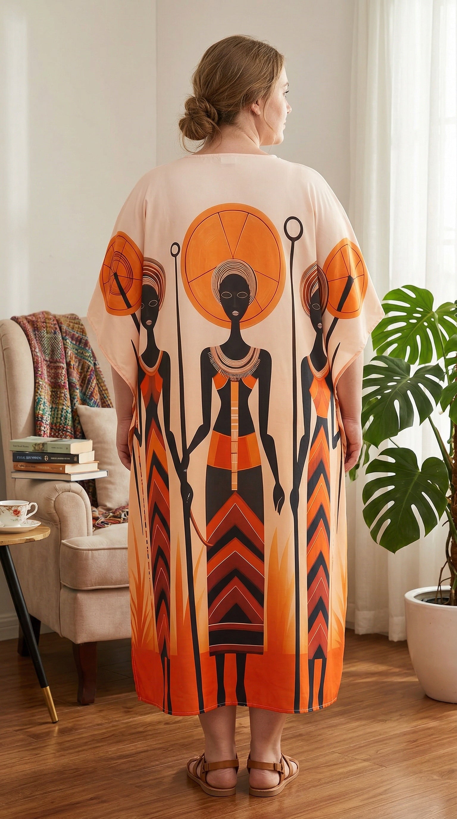 Orange Tribal Polyester Women Plus Size Kaftan Beachwear Dress