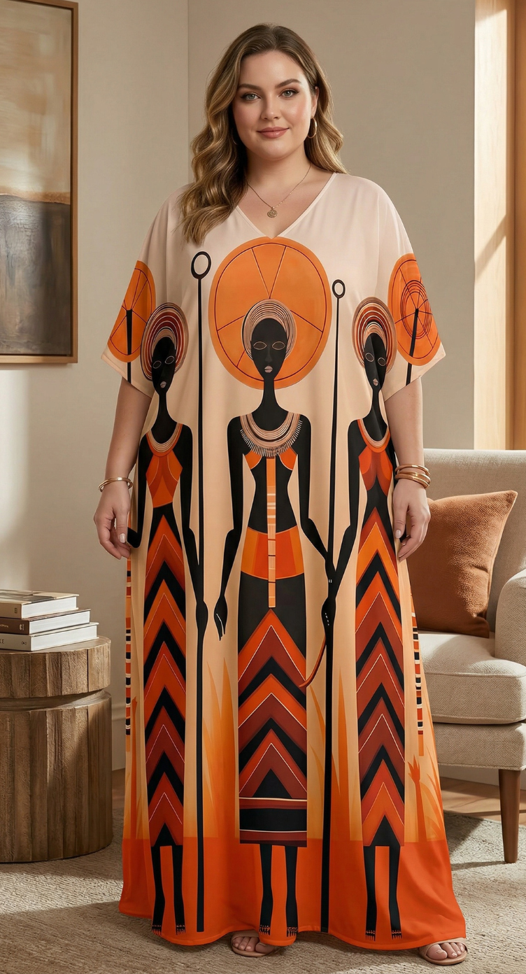 Orange Tribal Polyester Women Plus Size Kaftan Beachwear Dress