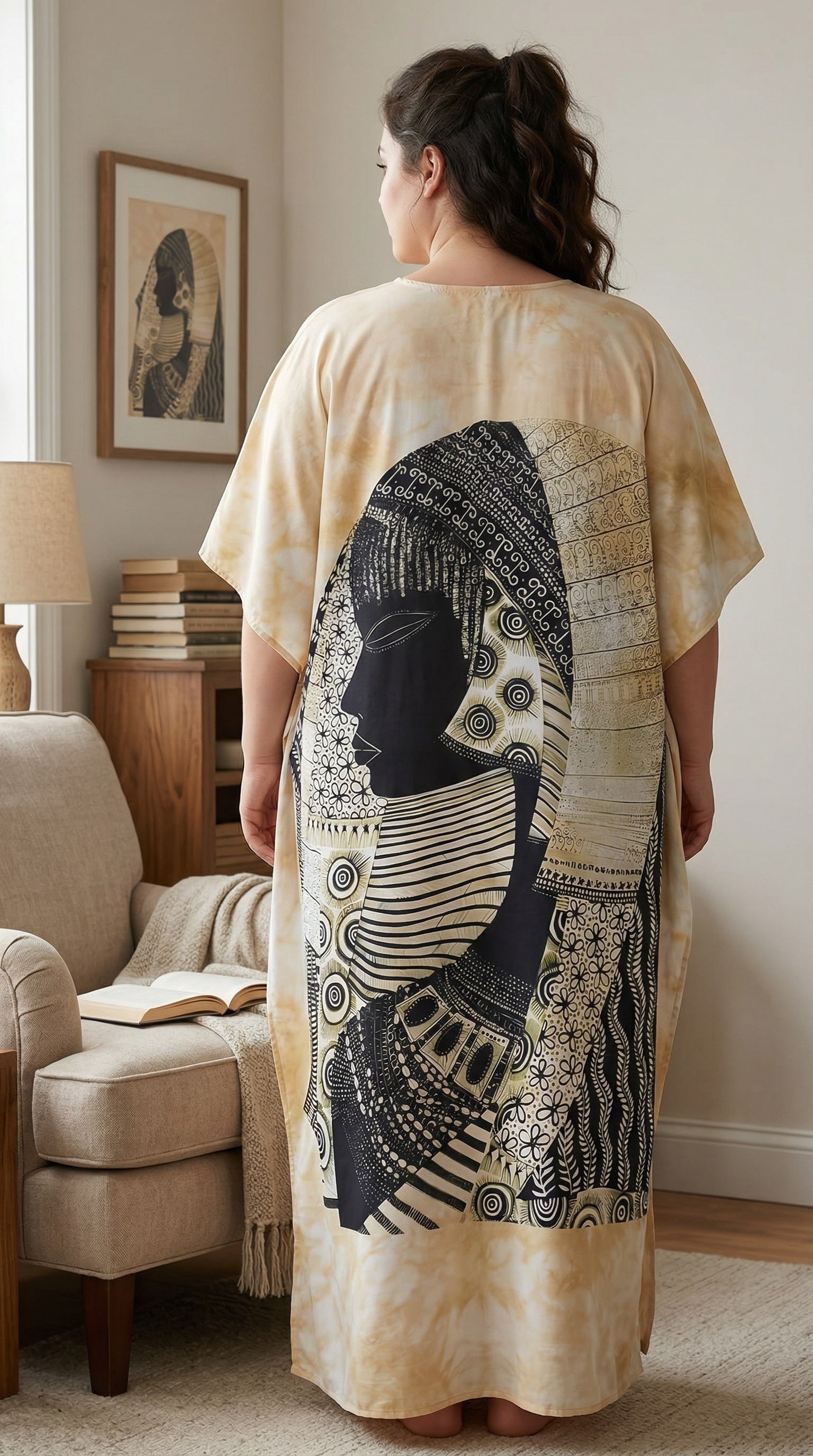 Cream Abstract Face Polyester Women Plus Size Kaftan Resortwear Dress