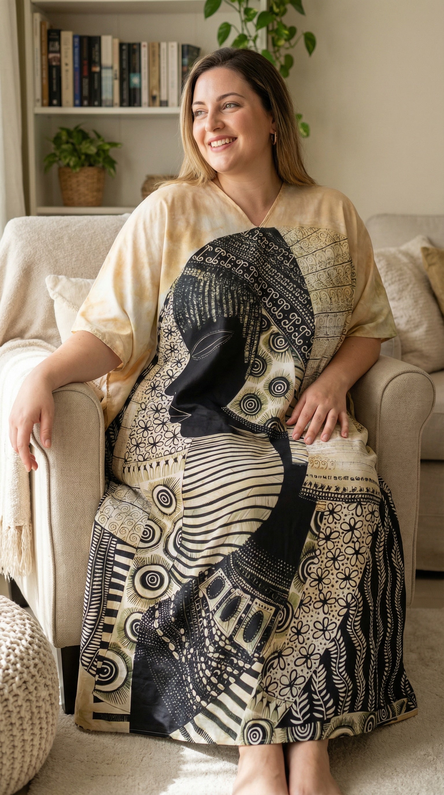 Cream Abstract Face Polyester Women Plus Size Kaftan Resortwear Dress