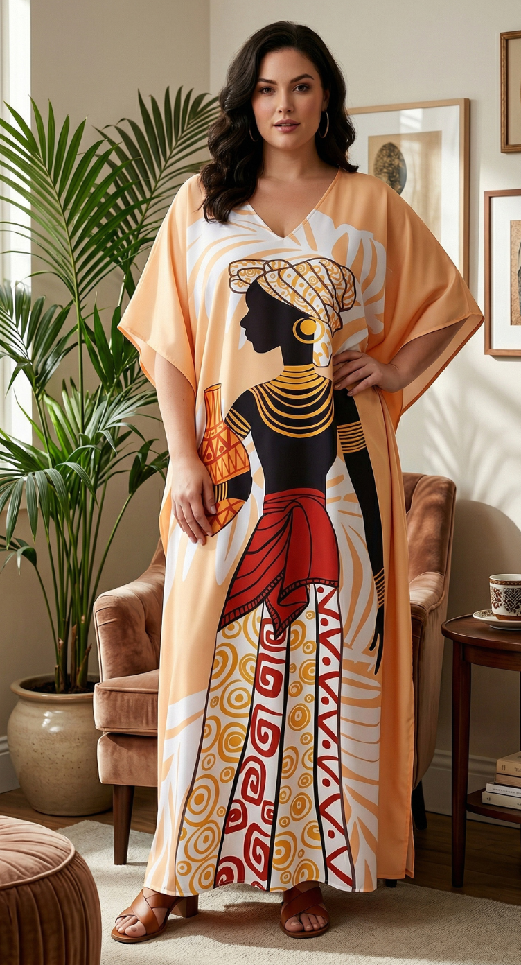 Peach African Polyester Women Plus Size Kaftan Cruisewear Dress
