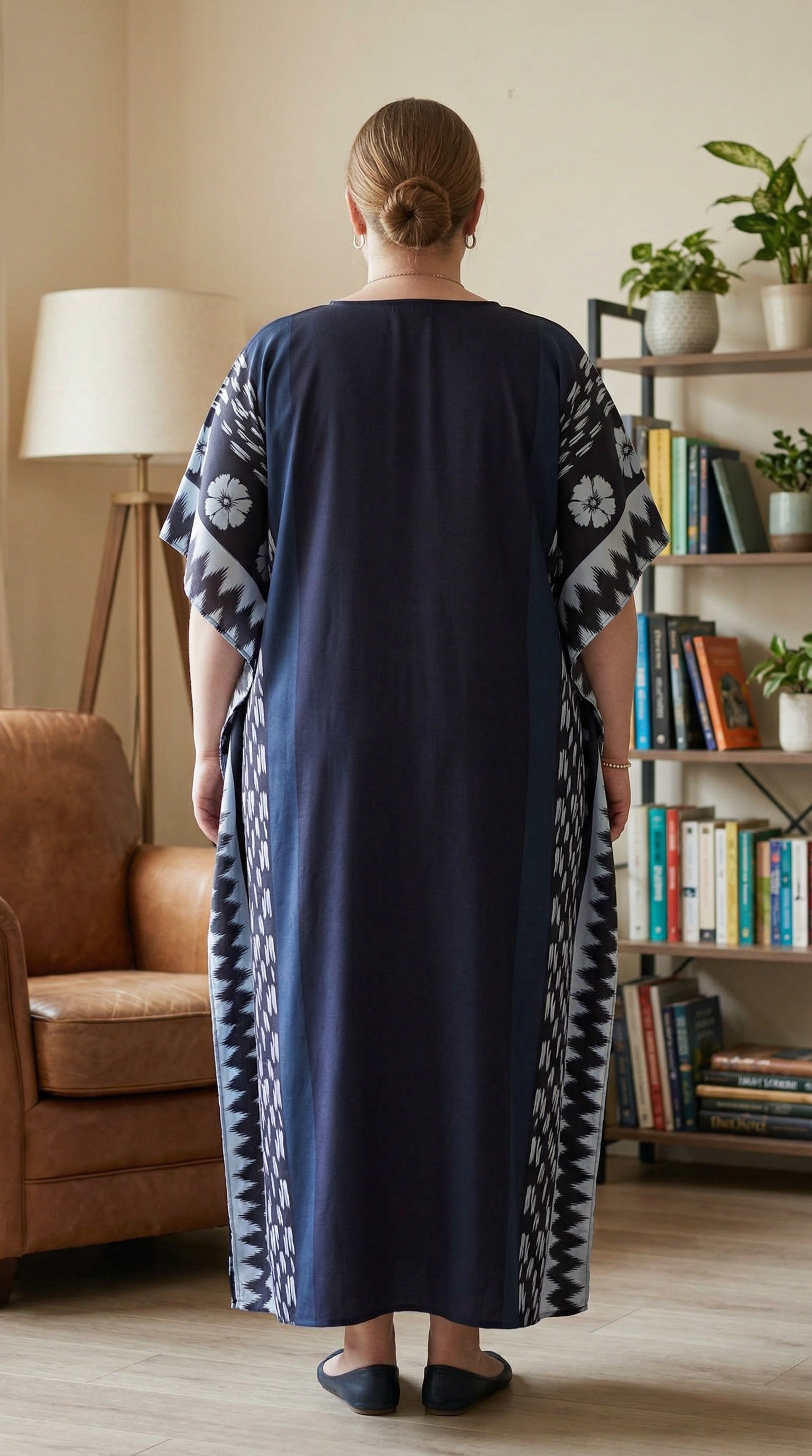 Navy Blue Geometric Polyester Women Plus Size Kaftan Summer Dress