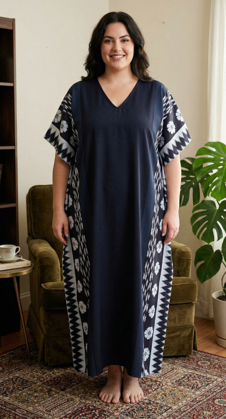 Navy Blue Geometric Polyester Women Plus Size Kaftan Summer Dress