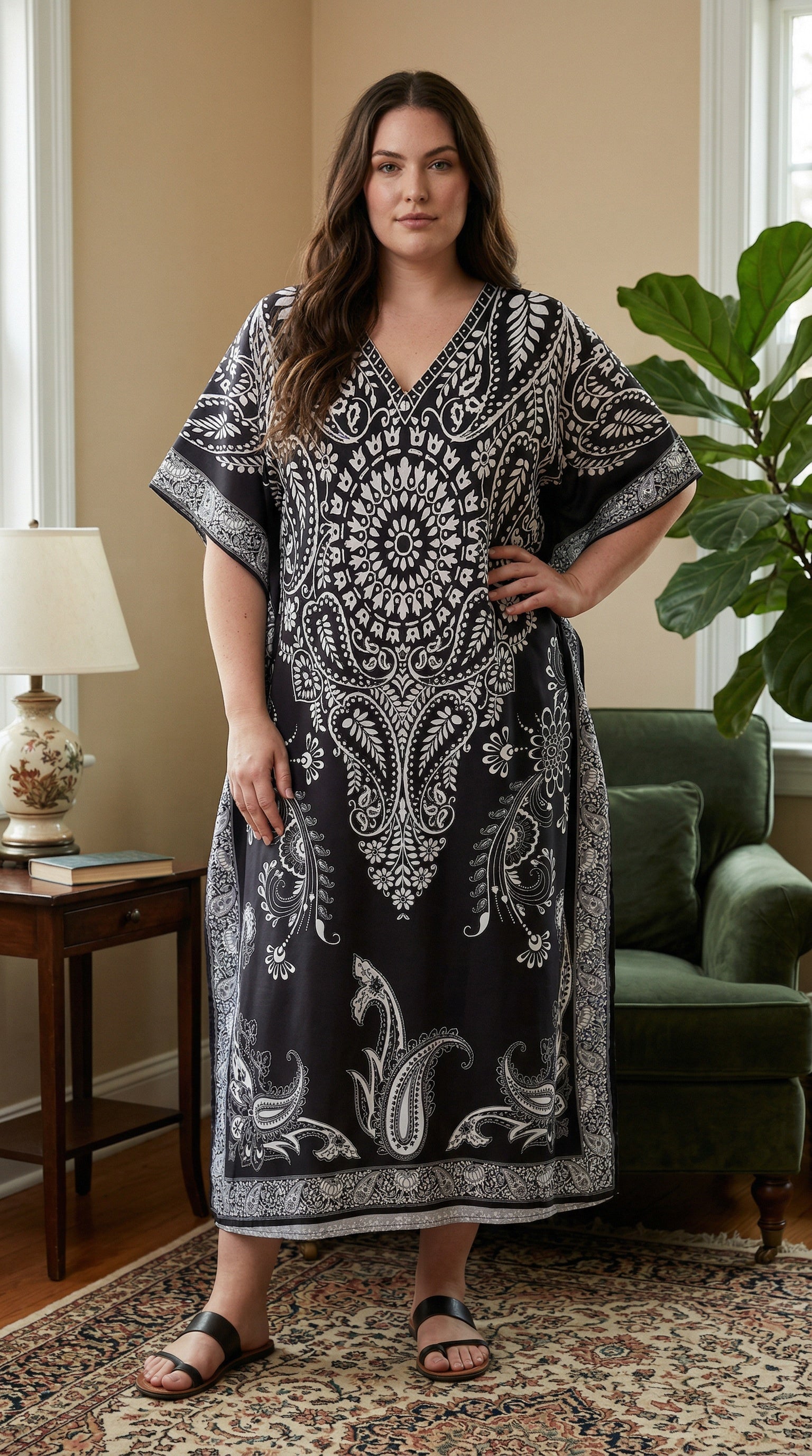 Black Paisley Polyester Women Plus Size Kaftan Holiday Dress