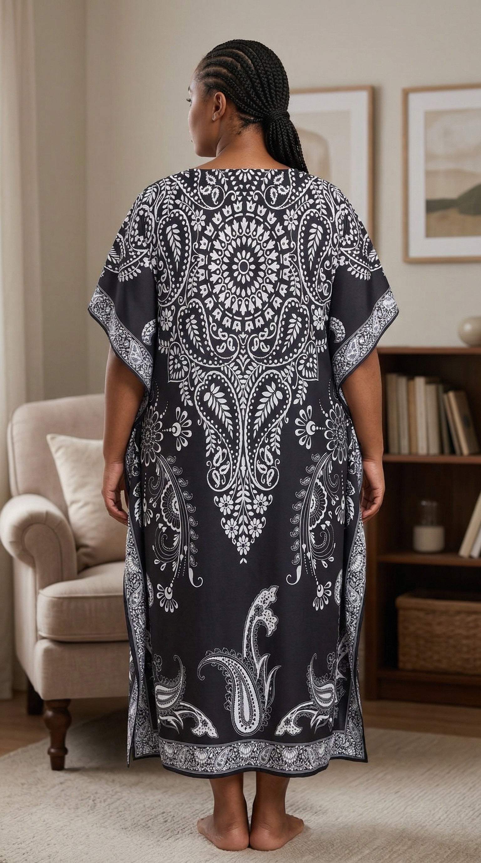 Black Paisley Polyester Women Plus Size Kaftan Holiday Dress