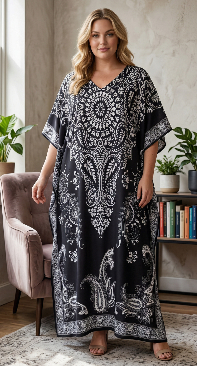 Black Paisley Polyester Women Plus Size Kaftan Holiday Dress