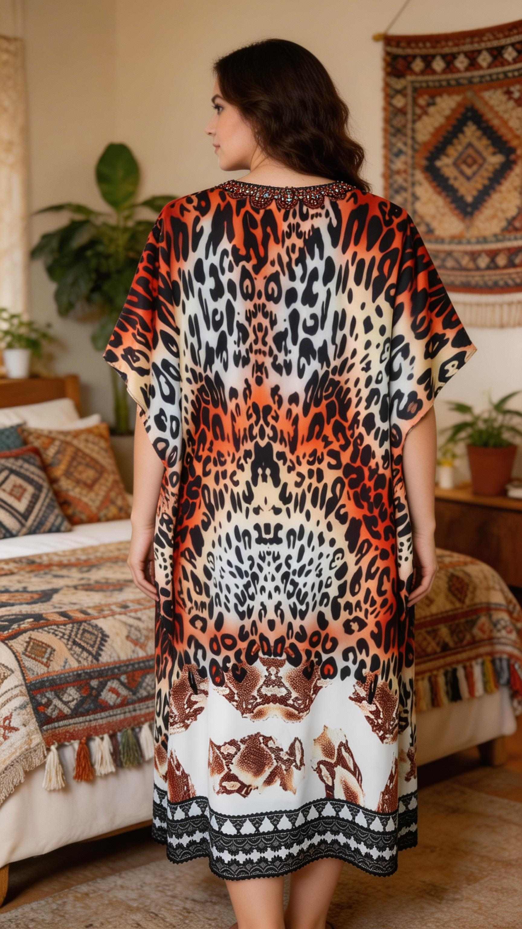 Off White Leopard Print Polyester Women Plus Size Kaftan Resort Dress
