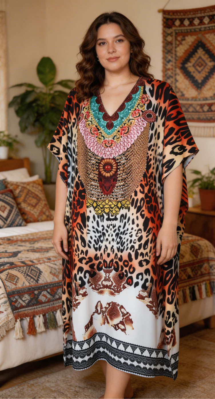 Off White Leopard Print Polyester Women Plus Size Kaftan Resort Dress
