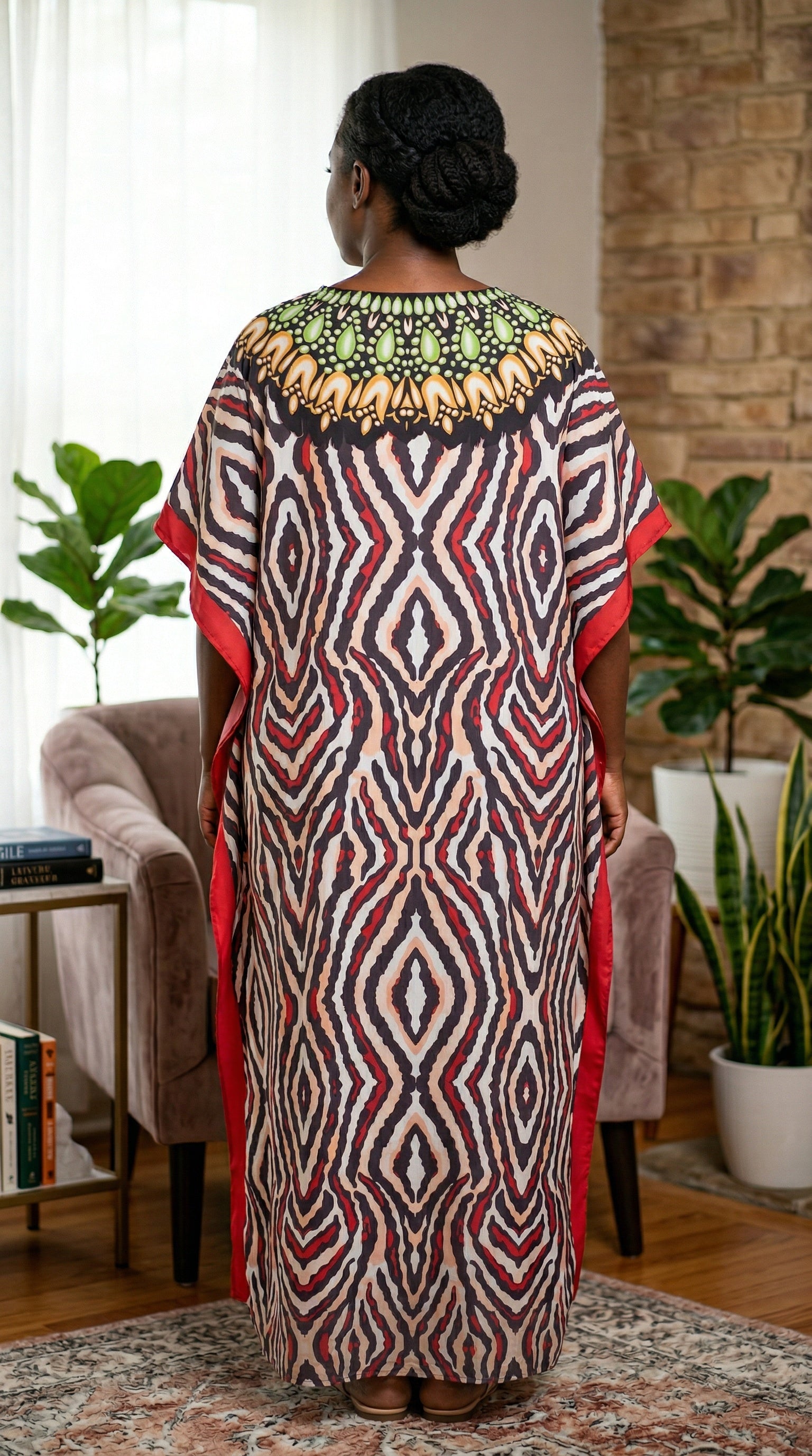 Multicolor Geometric Polyester Women Plus Size Kaftan Pool Dress