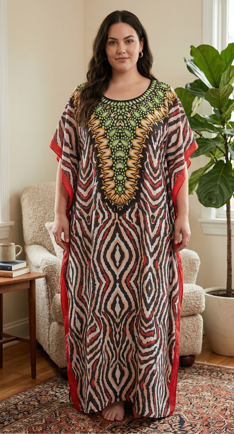 Multicolor Geometric Polyester Women Plus Size Kaftan Pool Dress