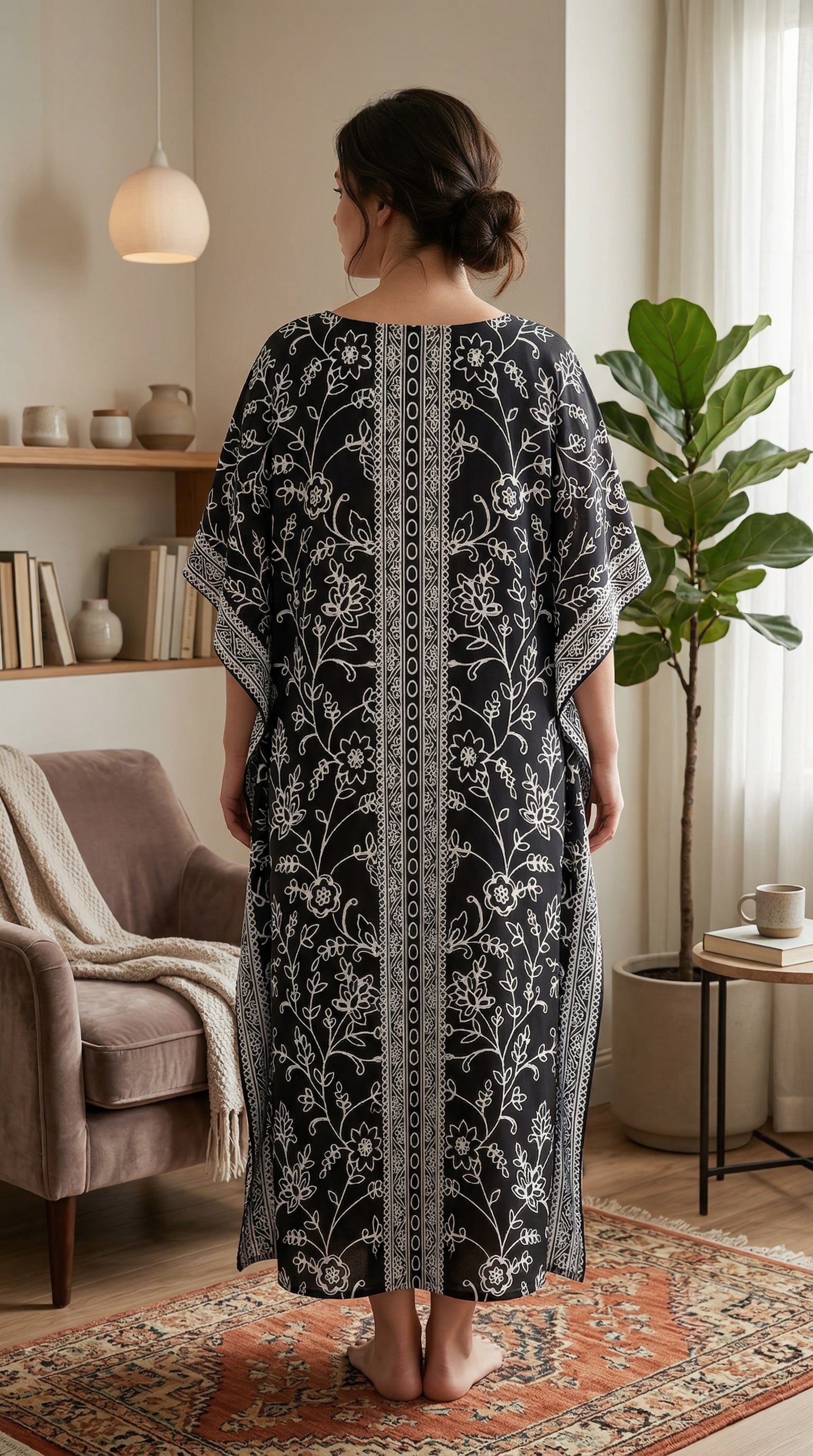 Black Floral Polyester Women Plus Size Kaftan Beach Dress