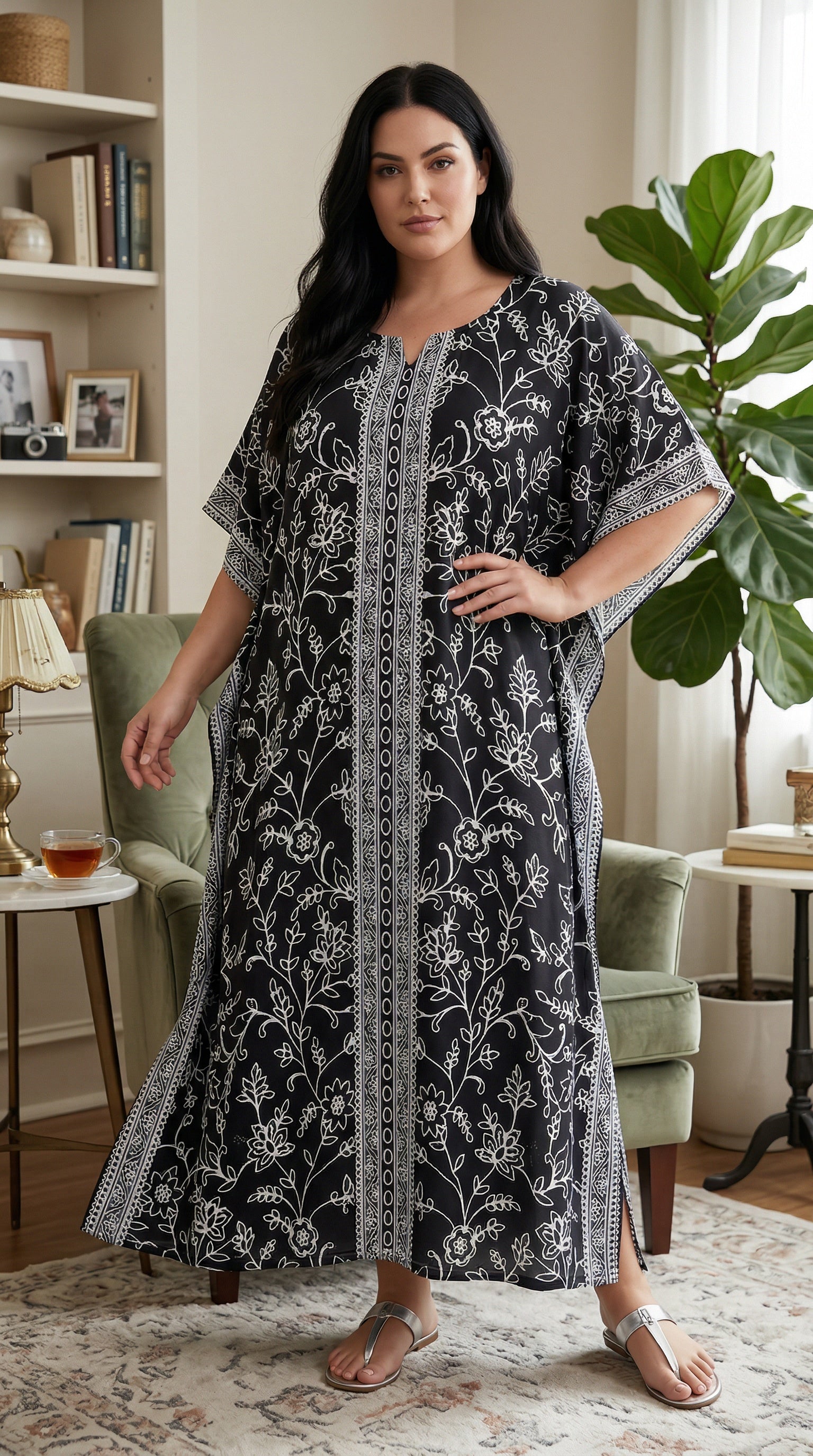 Black Floral Polyester Women Plus Size Kaftan Beach Dress