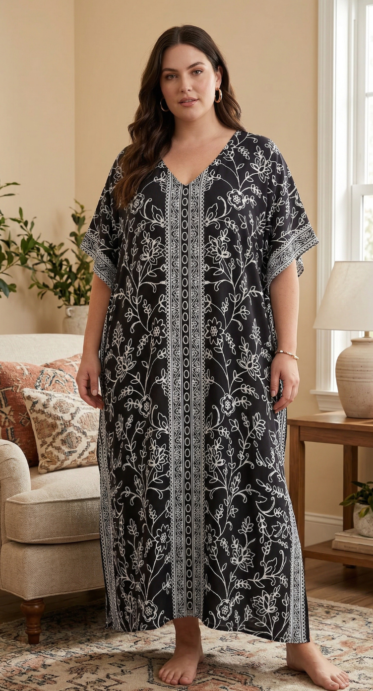 Black Floral Polyester Women Plus Size Kaftan Beach Dress