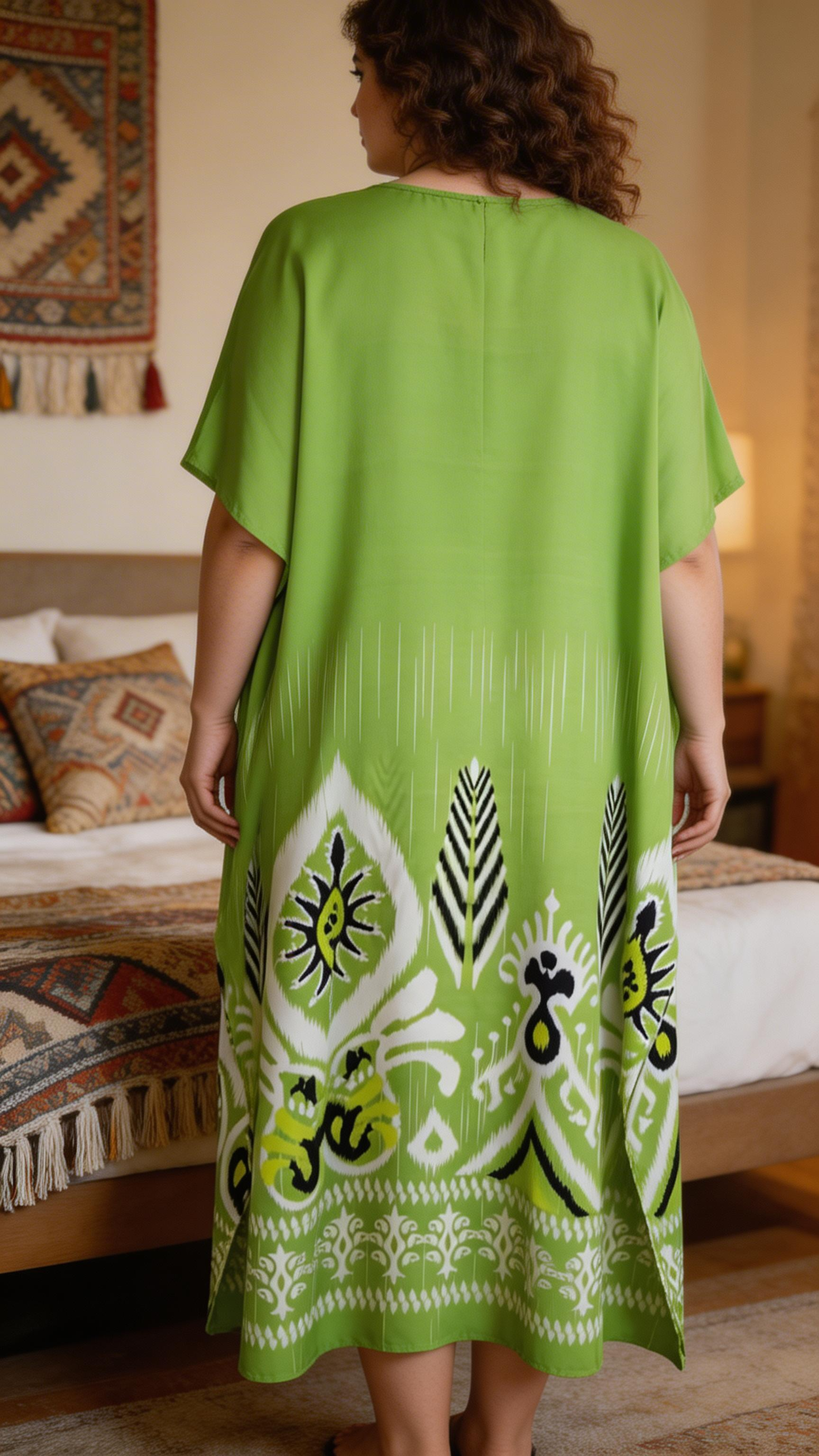 Green Ikat Print Polyester Kaftan for Women Plus Size Resort Dress