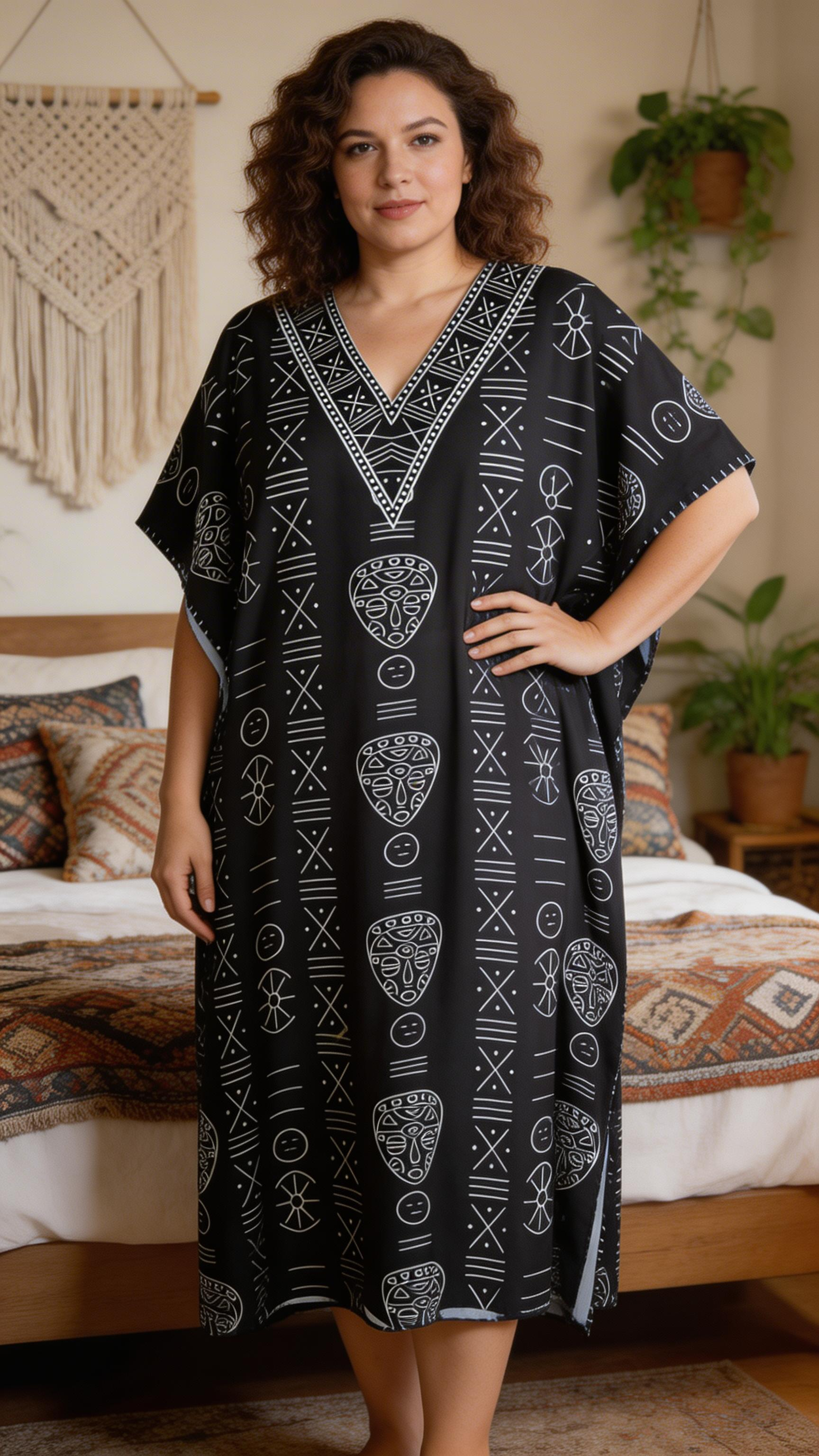 Black Tribal Polyester Kaftan for Women Plus Size Casual Dress
