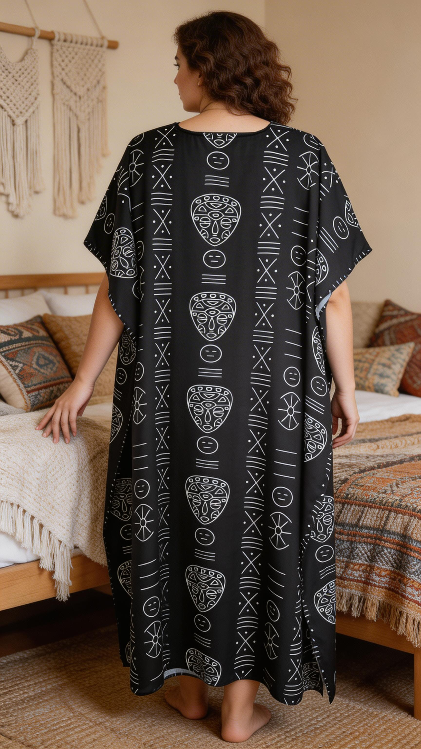 Black Tribal Polyester Kaftan for Women Plus Size Casual Dress
