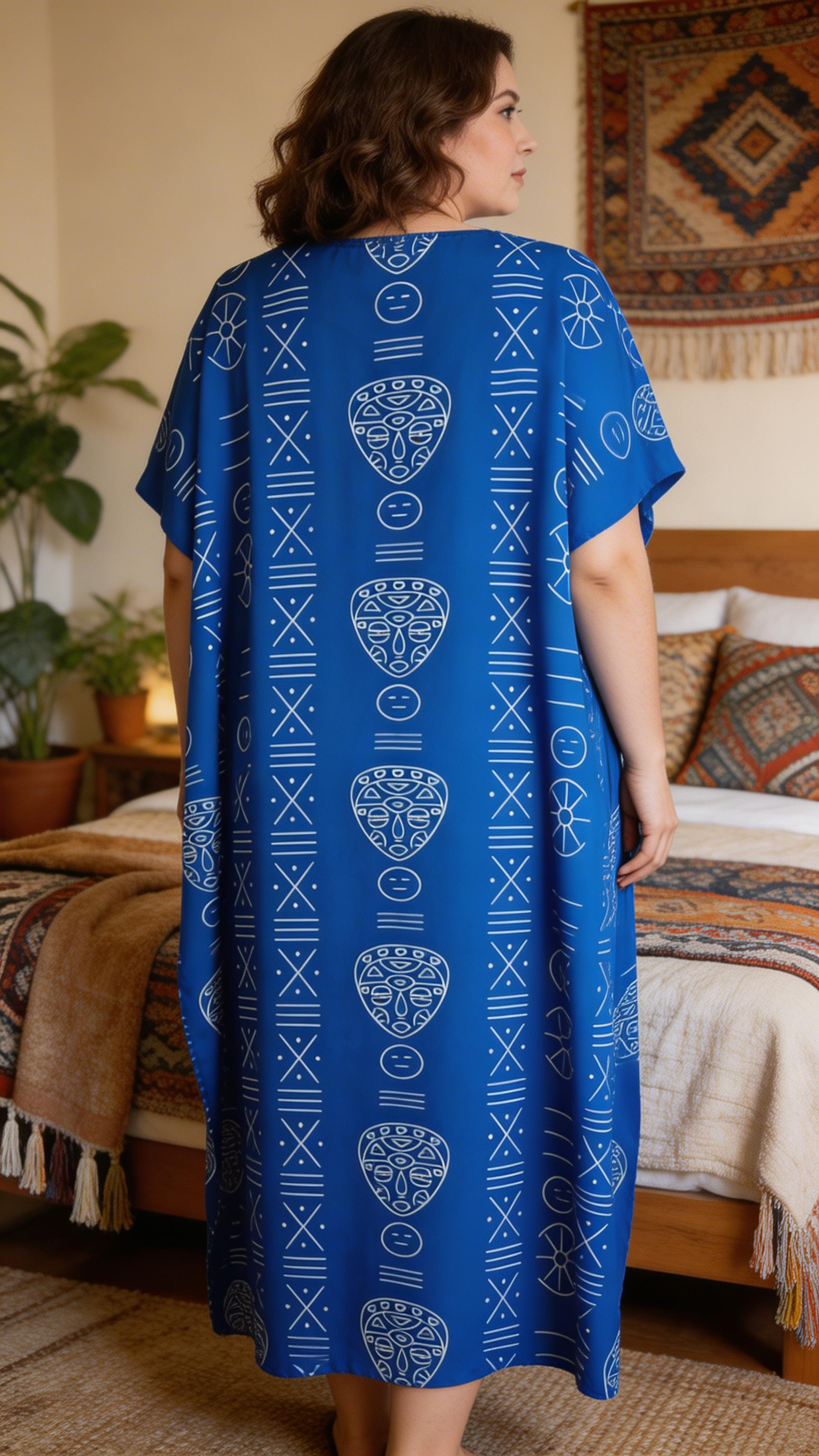 Royal Blue Tribal Polyester Kaftan for Women Plus Size Beach Dress
