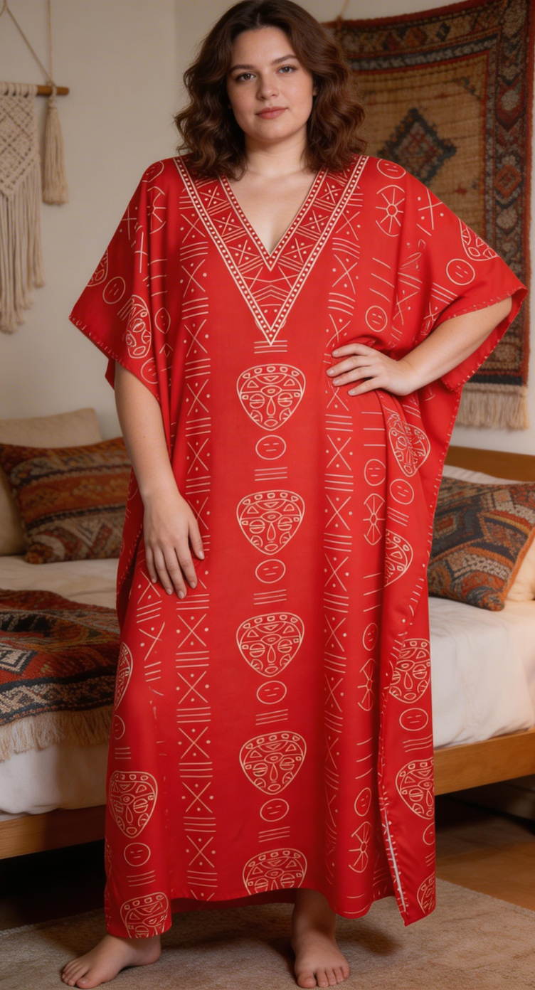 Red Tribal Polyester Kaftan for Women Plus Size Beach Party Dress