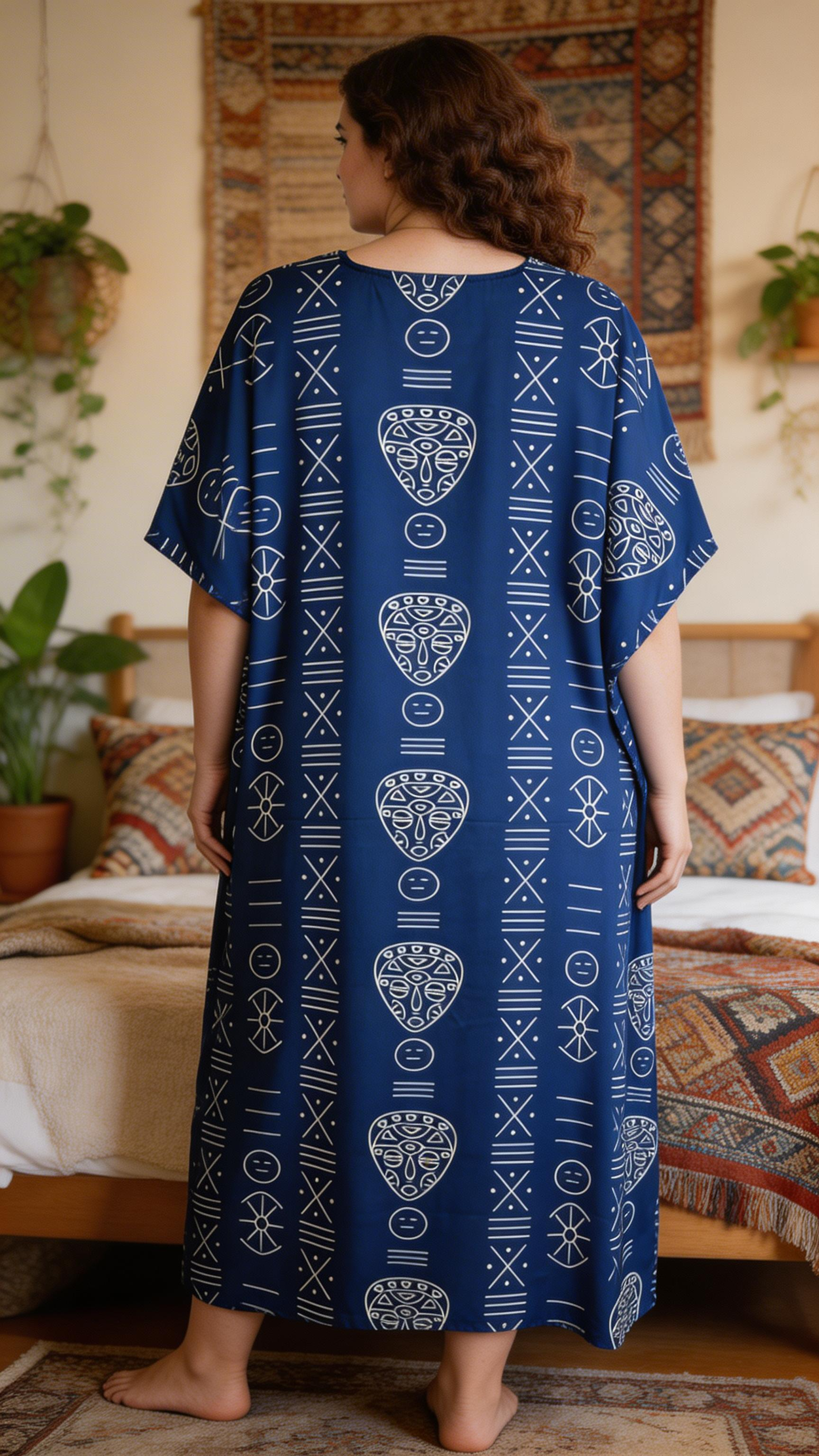 Navy Blue Tribal Polyester Kaftan for Women Plus Size Resort Dress