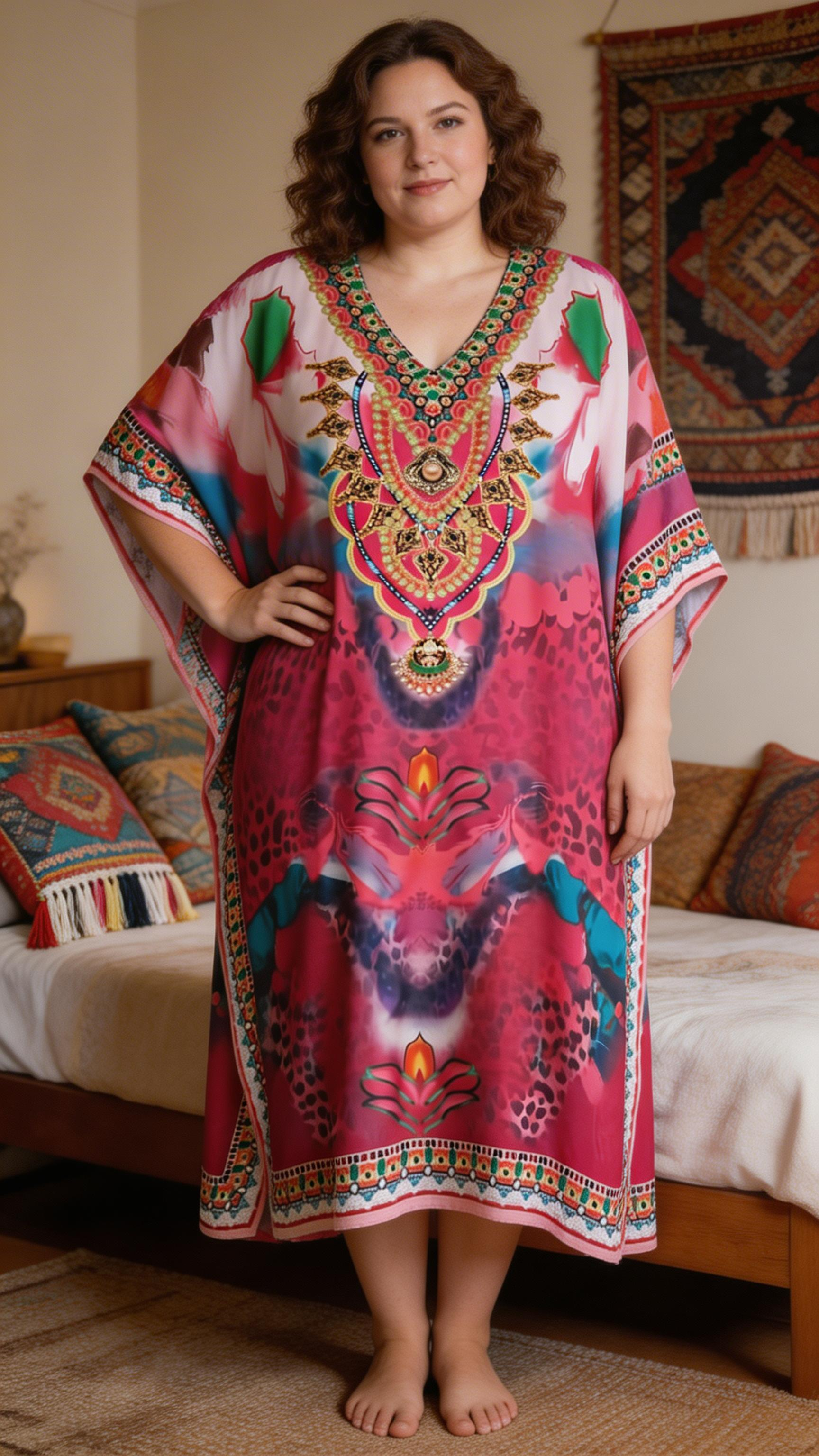 Pink Ornamental Polyester Kaftan for Women Plus Size Lounge Dress